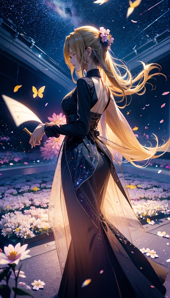 1people々々々々々,Blonde long-haired woman,Dress Silhouette,Dancing silhouette,dance, Rear View,Space Sky, Flower Field,Colorful flowers,Fluttering petals,