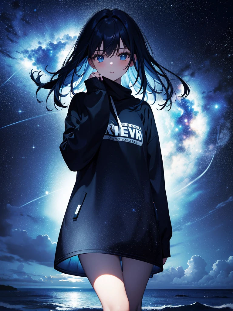 (Masterpiece, Best quality, ultra high resolution),1girl,dark blue hair,on the beach, night, fog, dark blue sky, starry sky,(grey and blue theme)