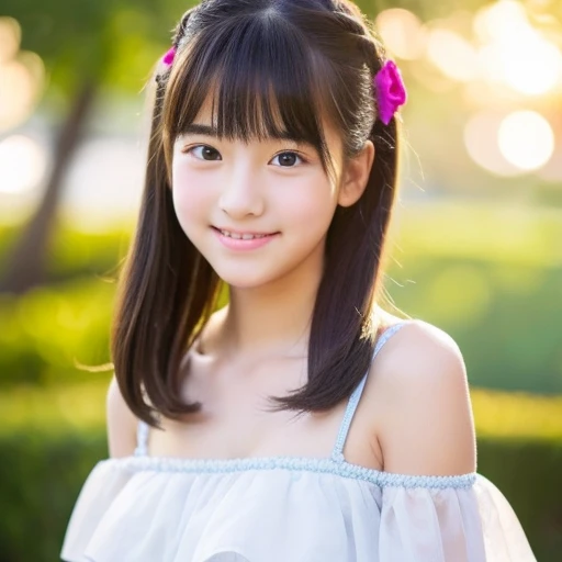 (masterpiece,highest quality,Super high resolution),japanese girl, （very beautiful  girl）,naive girl、(perfect limbs、perfect anatomy),(bob hair).(((sitting on a park bench)))、black pleated skirt、pure white、beautiful skin、Moist eyes、Brown glittery hair、Colors and landscapes of youth、Feeling of love, embarrassing smile, night scene,