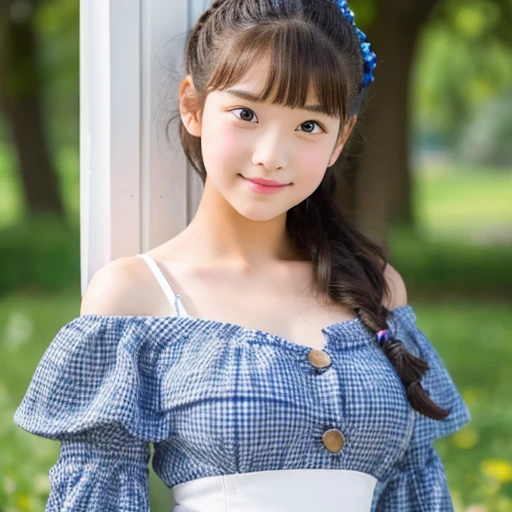 Middle school students　13 years old　girl　Cute face　Cute hairstyle　Off-the-shoulder dress　clothes　Big Breasts