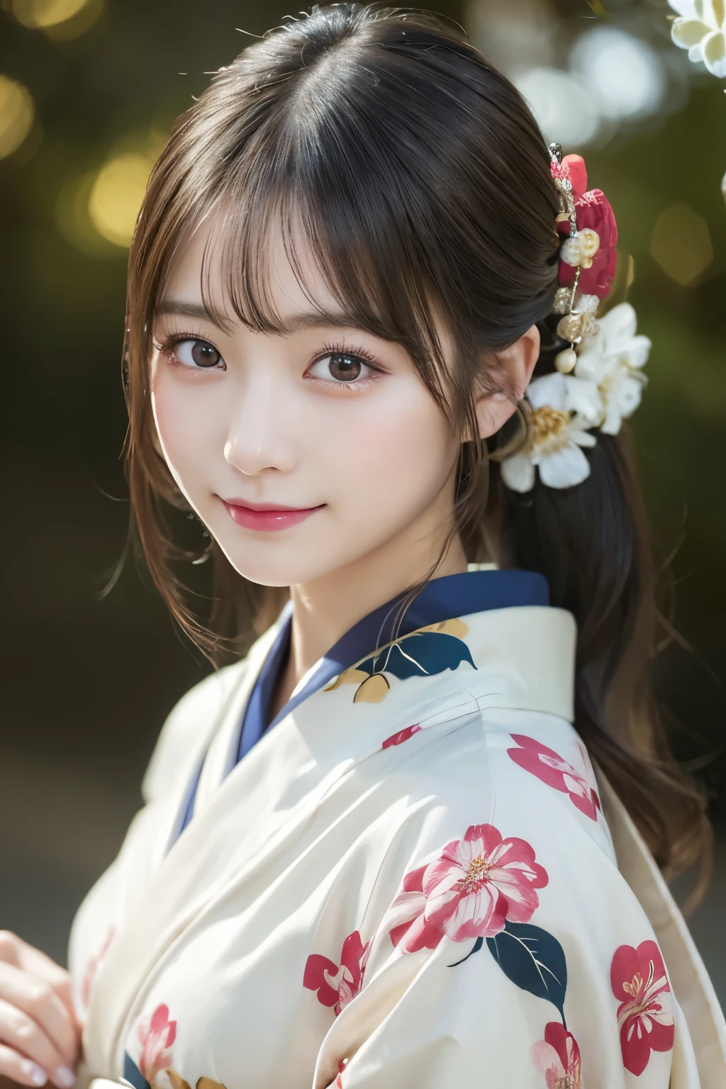 (kimono)、masterpiece、beautiful girl、Beautiful detailed eyes、highest quality, 超A high resolution, (reality: 1.2), Cinema Lighting、(Japanese Girls)、so beautiful、Beautiful Skin、(Looking at the audience)、(Surreal)、(High resolution)、(8k)、(Very detailed)、(Beautiful fine details)、(Very detailed)、 (wallpaper)、Detailed face、Bright lighting、Professional Lighting、Smile