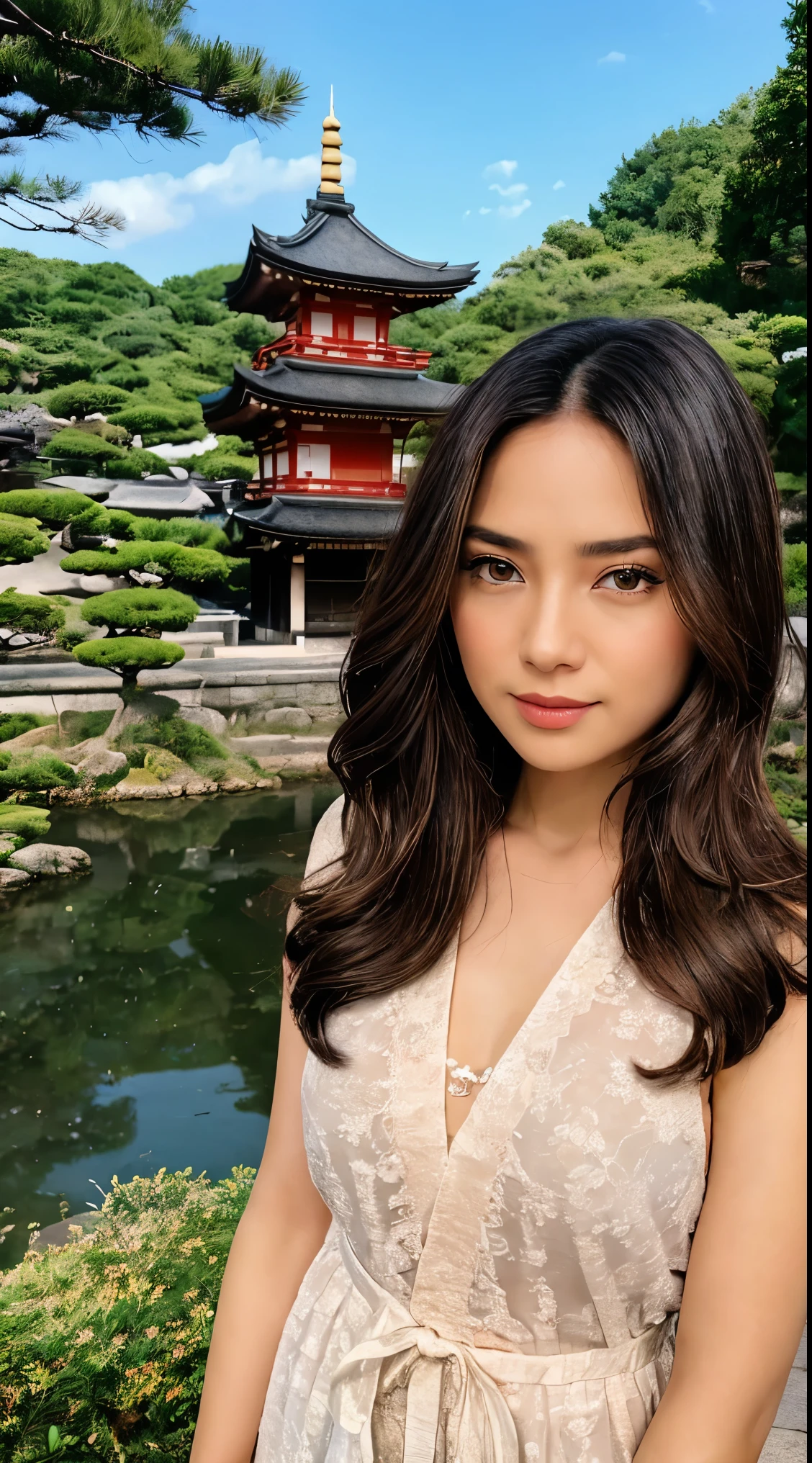 a fashion woman,Blunt bob,gradient hair,aerial shot,ancient city of Kyoto is a treasure trove of traditional Japanese culture and architecture, with temples, shrines, and tea houses,style by Paul Thomas Anderson,epic Detailed illustration vibrant extremely hyper aesthetic,Phase One XF IQ4 150MP,spotlight