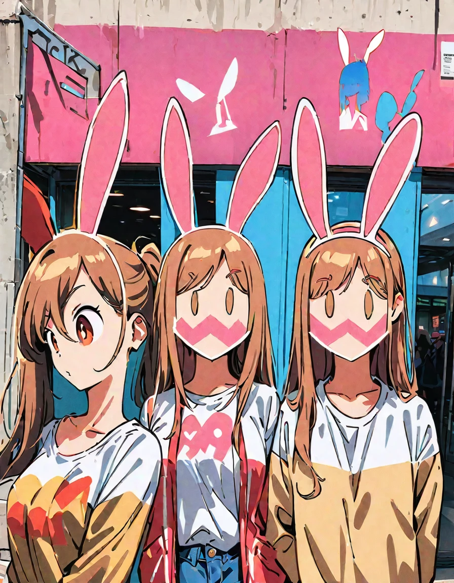 ((Trick Art, Visual illusion effect)), (masterpiece, highest quality:1.2), Three Girls, Fashion trend leaders, A girl is taking a selfie in front of a poster full of girls wearing bunny ears, (((Depicts an optical illusion image that looks like rabbit ears growing from the girls&#39; heads when viewed from a distance.)))