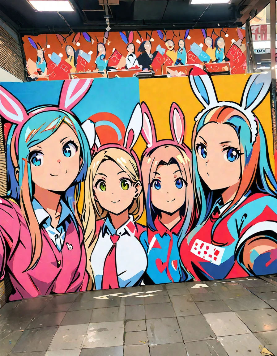 ((Trick Art, Visual illusion effect)), (masterpiece, highest quality:1.2), Three Girls, Fashion trend leaders, A girl is taking a selfie in front of a poster full of girls wearing bunny ears, (((Depicts an optical illusion image that looks like rabbit ears growing from the girls&#39; heads when viewed from a distance.)))