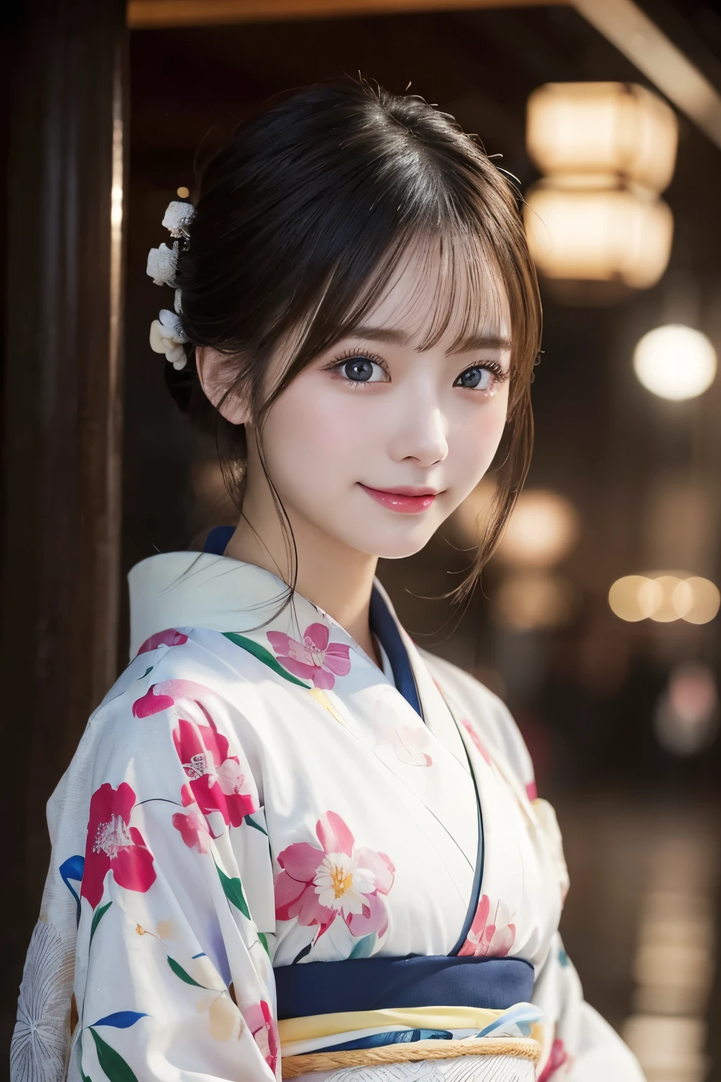 (kimono)、masterpiece、beautiful girl、Beautiful detailed eyes、highest quality, 超A high resolution, (reality: 1.2), Cinema Lighting、(Japanese Girls)、so beautiful、Beautiful Skin、(Looking at the audience)、(Surreal)、(High resolution)、(8k)、(Very detailed)、(Beautiful fine details)、(Very detailed)、 (wallpaper)、Detailed face、Bright lighting、Professional Lighting、Smile