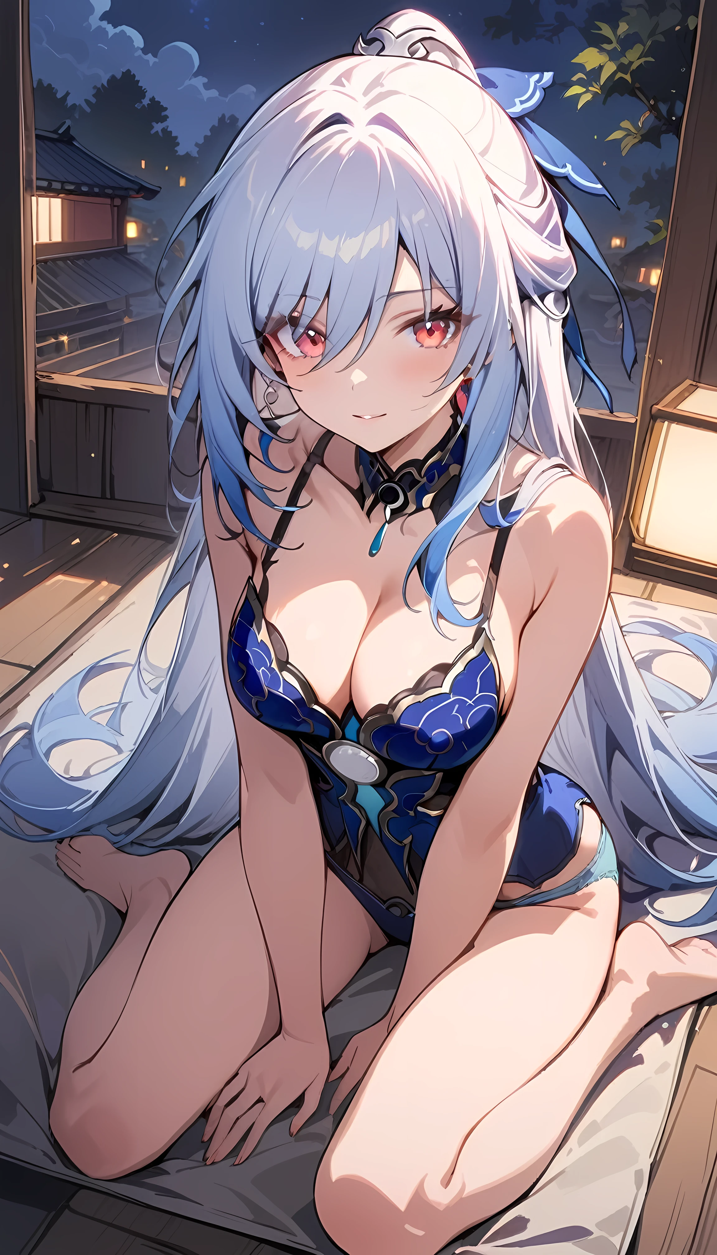 1girl, solo, mature woman, jingliu \(honkai: star rail\), silver hair, red eyes, light blue camisole, light blue panties, medium breasts, cleavage, looking at viewer, wariza, sitting, nighttime, Japanese Futon Bed, wooden floor, yard, trees, indoors, depth of field, masterpiece, best quality, highres, 8k, anime background,