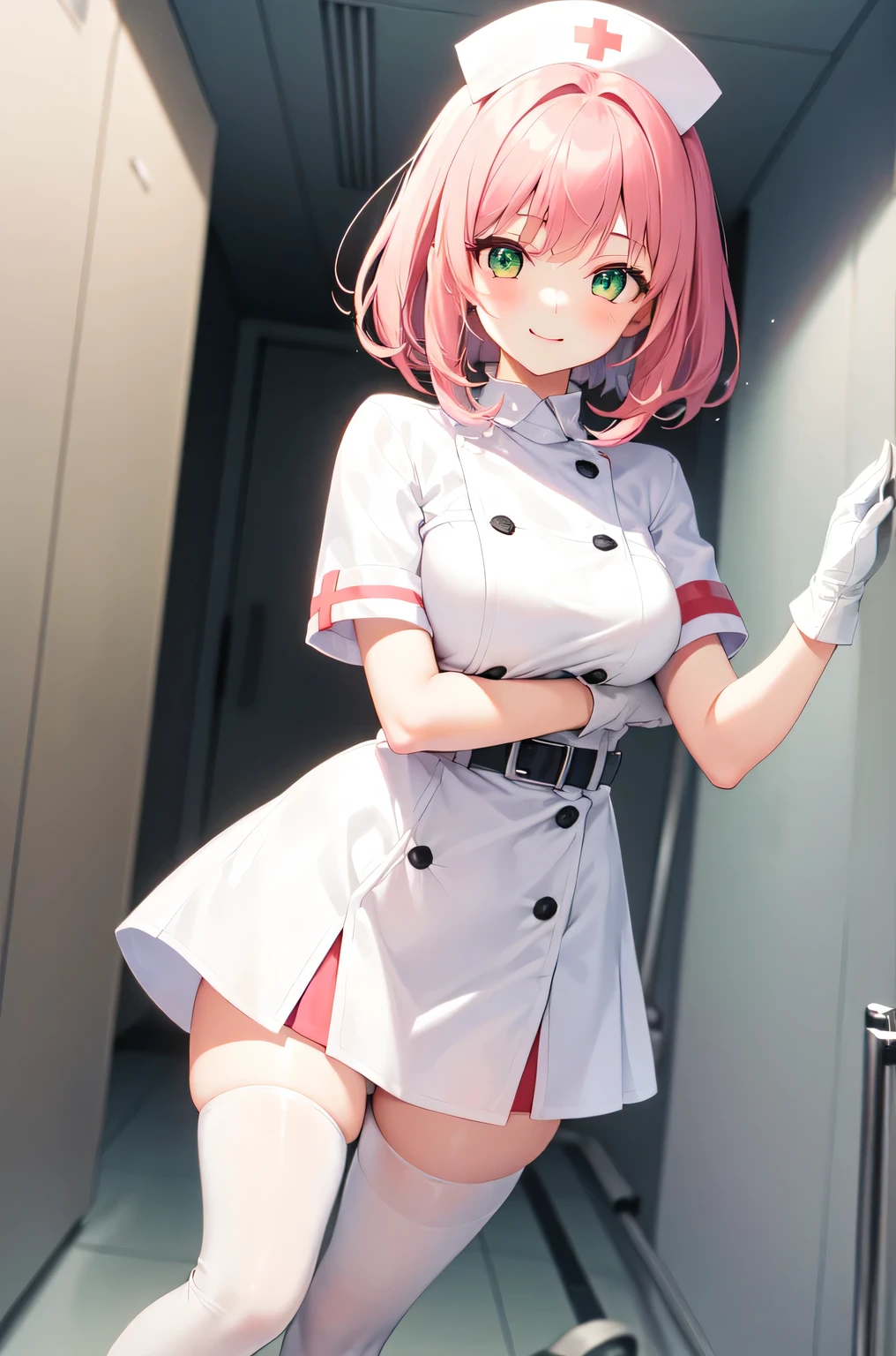 1girl, solo, nurse, white nurse cap, white nurse uniform, ((white legwear, zettai ryouiki)), white gloves, pink hair, green eyes, drooping eyes, smile, standing, ((hospital room)), sharp outline, short sleeves, best quality, masterpiece