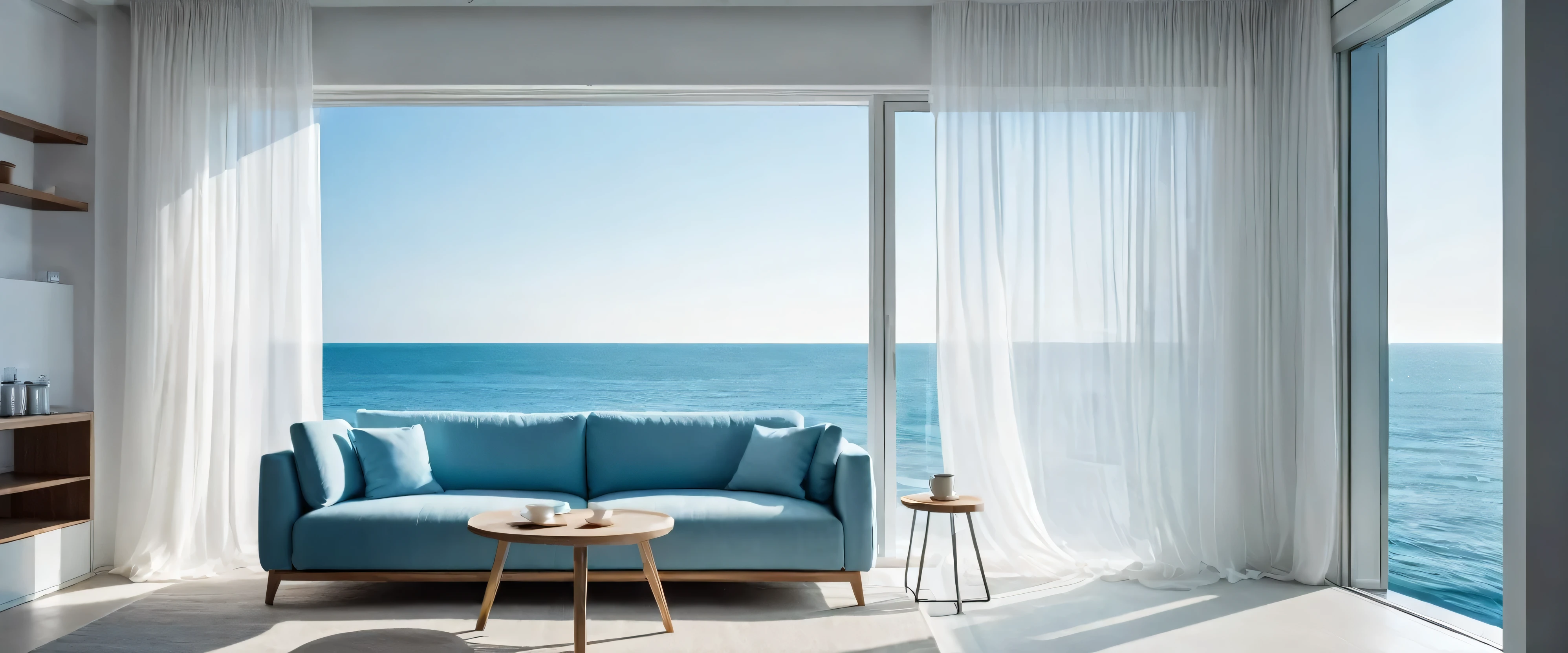 darkroom,morning, table,There are latte coffee in white porcelain cups and small potted plants on the table. a cup oF coFFee, soFt shadow, Stylish modern sofa, luminous screen, cold blue light, flowing transparent white curtains.Looking out the window at the fresh morning seaside scenery,, Very detailed,tonal texture
