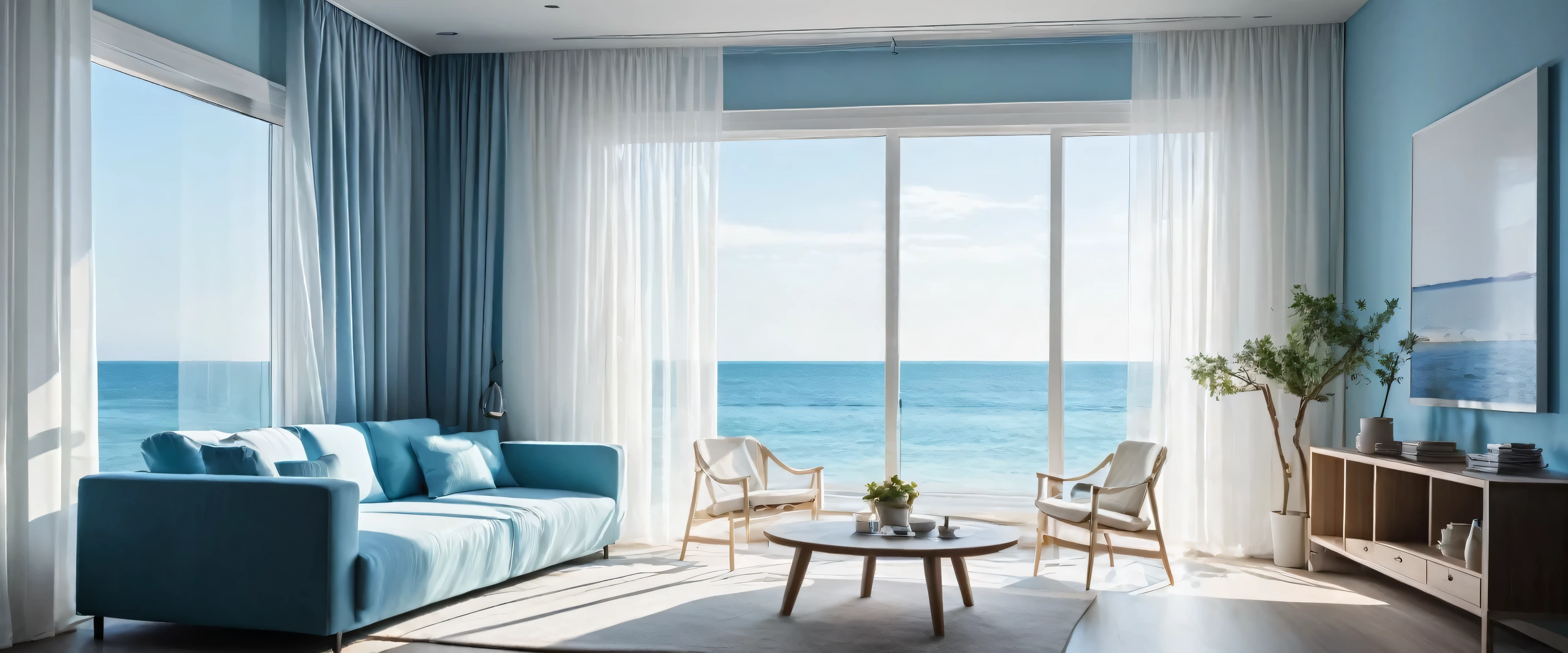 darkroom,morning, table,There are latte coffee in white porcelain cups and small potted plants on the table. a cup oF coFFee, soFt shadow, Stylish modern sofa, luminous screen, cold blue light, flowing transparent white curtains.Looking out the window at the fresh morning seaside scenery，, Very detailed,tonal texture