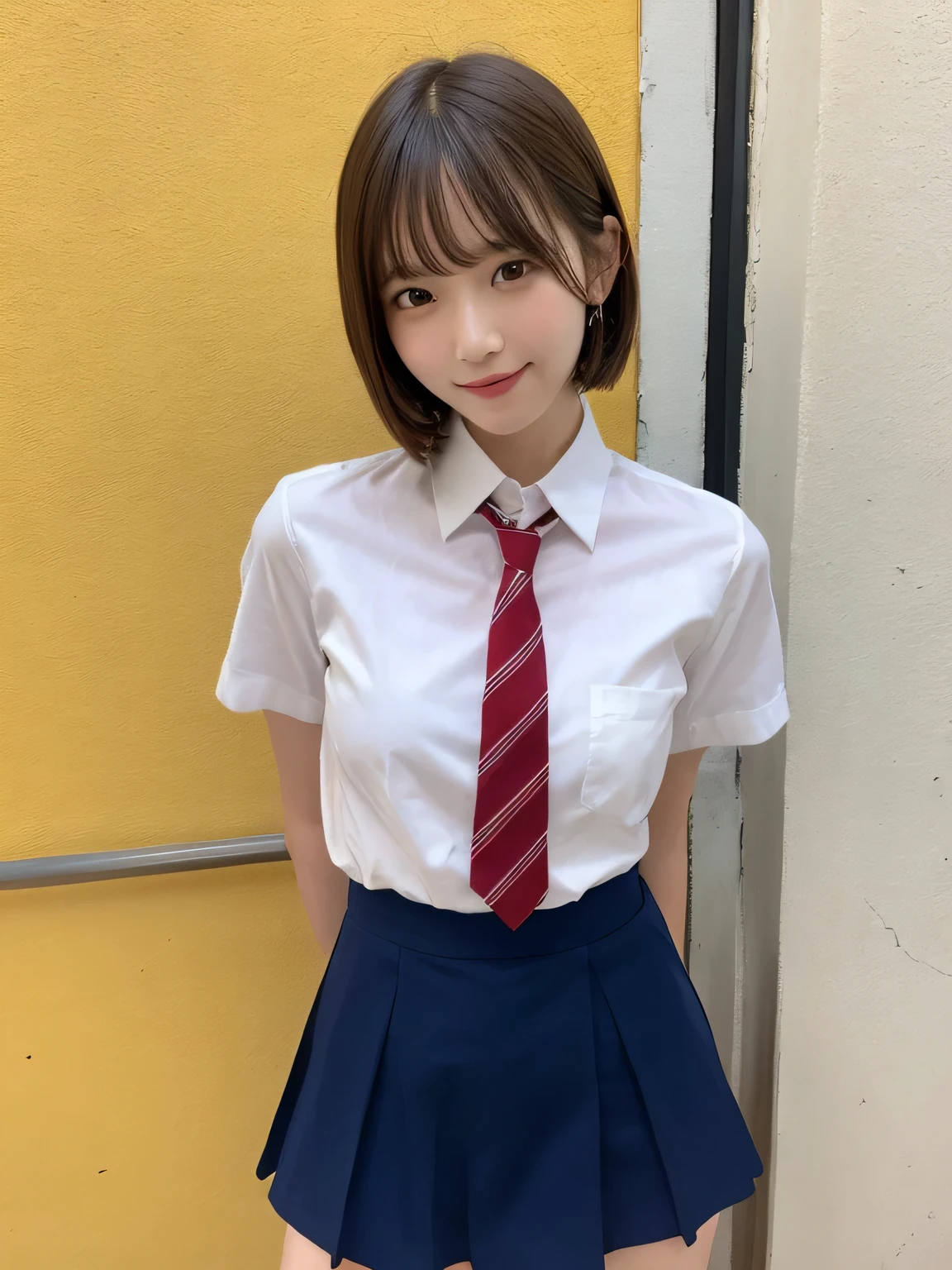 In detail,Full body photo、 slender、Slim body、One high school girl、High resolution, high quality、Slim body、Perfect dynamic composition, Beautiful fine details, Natural Shorthair、Natural color lip,Kamimei、14-year-old girl、Clear Skin、Open-front short-sleeved shirt、Navy blue tie、Red mini skirt、Thighs、Shiny Hair、最high quality, figure, Very detailed, In detail, High resolution, 8k、The correct state of the human body、Sculpture model pose，Yellow wall,Thighs are visible、smile、