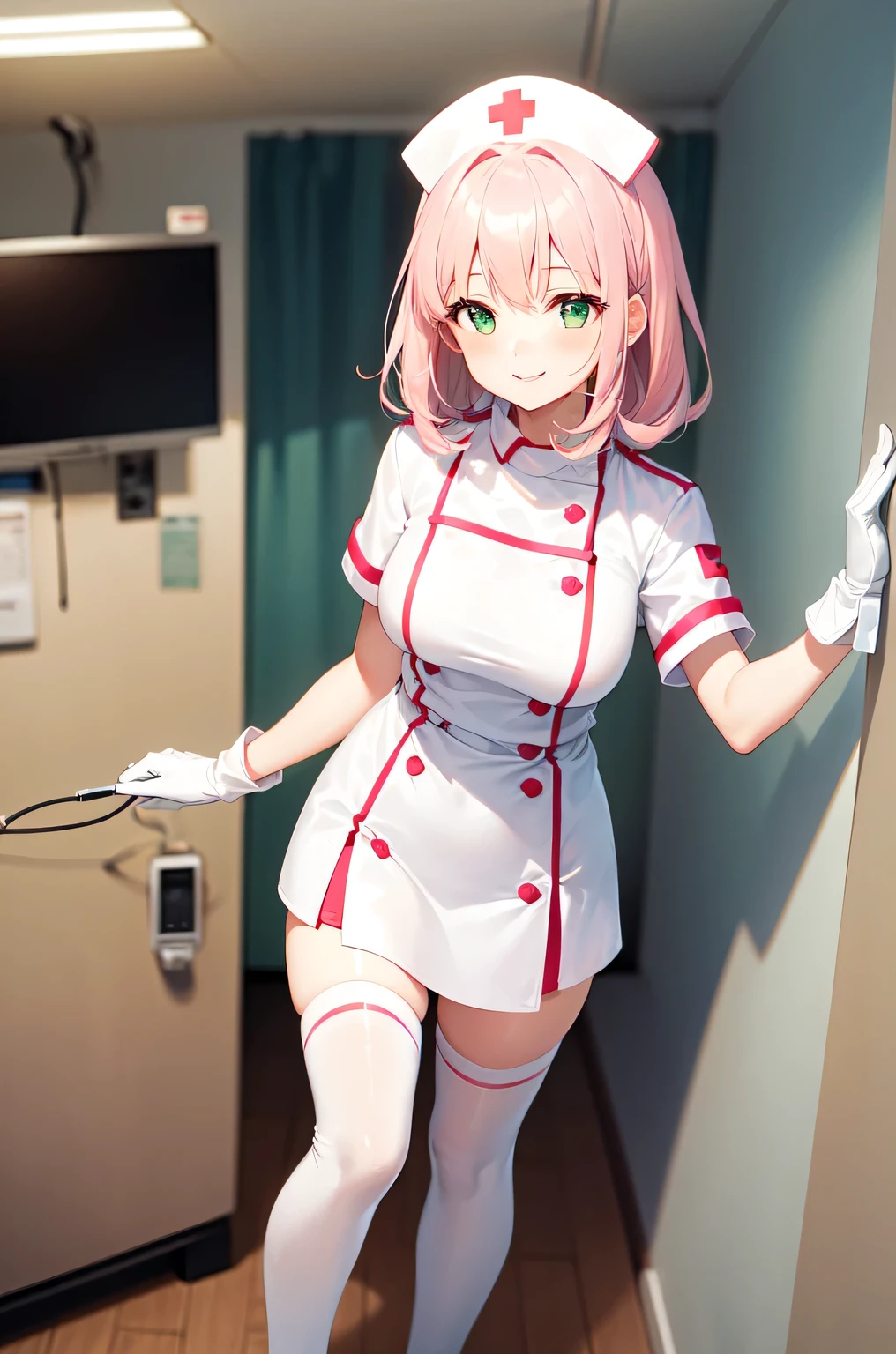 1girl, solo, nurse, white nurse cap, white nurse uniform, ((white legwear, zettai ryouiki)), white gloves, pink hair, green eyes, drooping eyes, smile, standing, ((hospital room)), sharp outline, short sleeves, best quality, masterpiece
