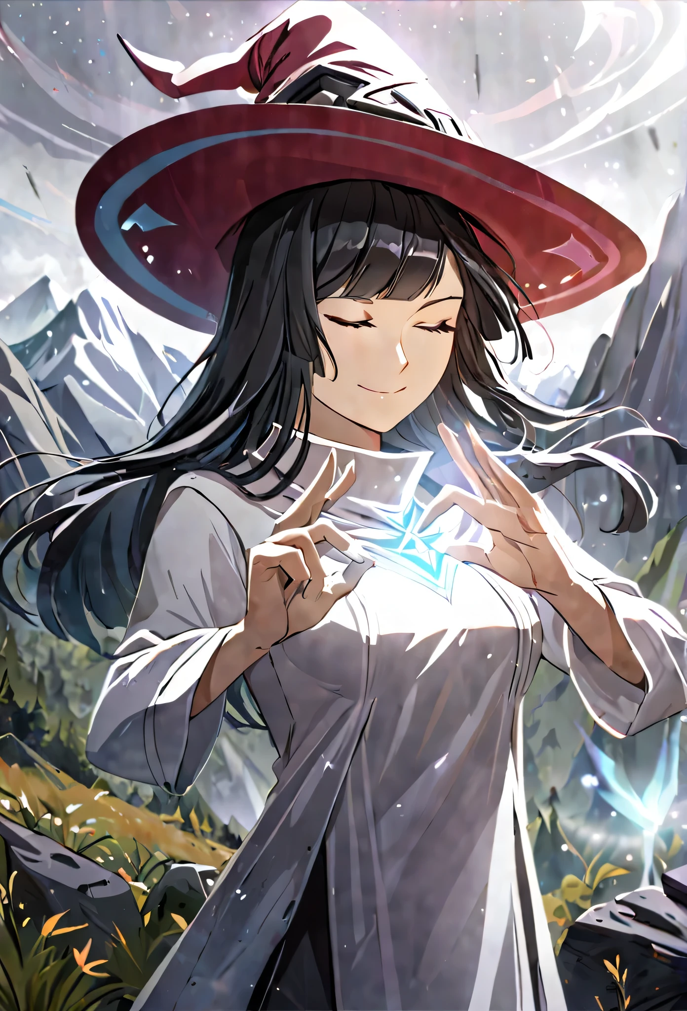 masterpiece,best quality, solo, eda, bangs, black hair, white clothes, mountains, high mountains,cloudy, mist she was wearing witch outfit, mountains background, witch suit, white dress, witch hat, she is a cosmic witch, smiling, closed mouth, calm, confident , cool, she is using her mystic powers, her dress is grey, she is fighting someone, closed eyes, she is using mystic arts, she is using hand signs, she has stance, dynamic pose, she is confident with her magic, misty mountain, she is hiking in the mountains