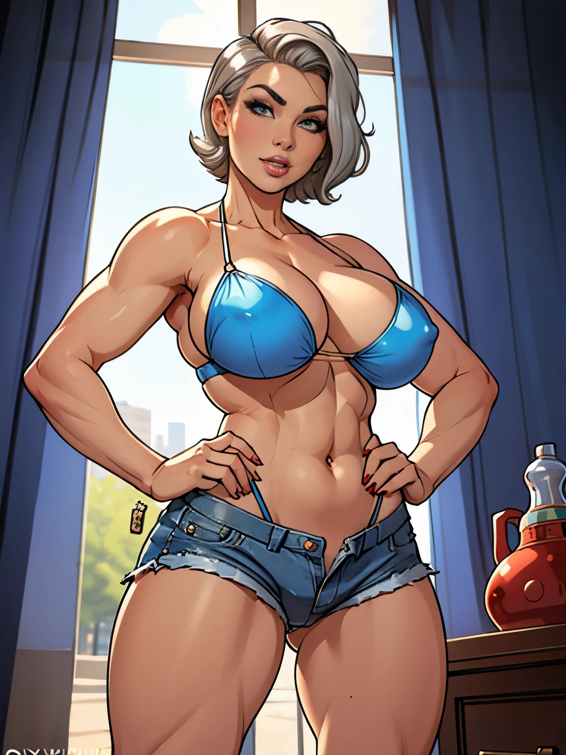 (high quality, best rendering), (beautiful girl), gray hair(bombshell, style pin-up), a psychopath, crazy face, sexy pose, denim short shorts, mother, pastel, centered, scale to size, Micro thongs, micro BIKINI, camel toe