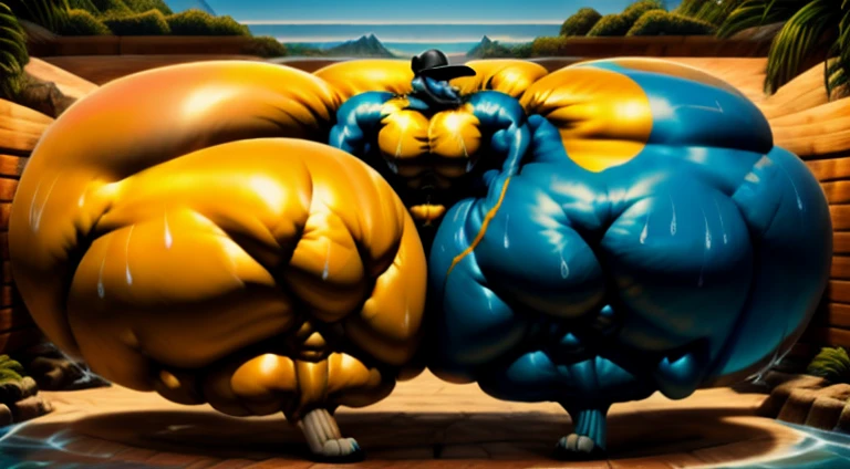 4k, high resolution, best quality, perfect lightning, perfect, solo, anthro, young, boy,golden yellow wolf:2.0, furry body, (fluffy mane:1.2), fluffy tail, male, adult, (bulky2:0, thick muscles2:0, huge muscles:2.0, hyper muscles:2.0), (thick biceps, veiny biceps, broad shoulders:2.0), (thick legs, thick calves:1.1), (digitigrade legs, 4 toes:1.2), perfect colors, (photorealistic fur, detailed fur, epic, masterpiece), (suggestive posing:1.2), (seductive smile, lustful grin 1.3), detailed beach,detailed wolf eyes:2.0, by k0suna, by darkgem,nipple ring,hyper arms:2.0,veins,white body,golden yellow fur,hyper butt:2.0,hyper paws:2.0,standing,thick legs,thick butts:2.0,sweat body:2.0,massive butt:2.0,black hat,hyper ass:2.0,huge ass,long legs,juicy butt:2.0,butt like a wall,butt with colorful patterns:2.0