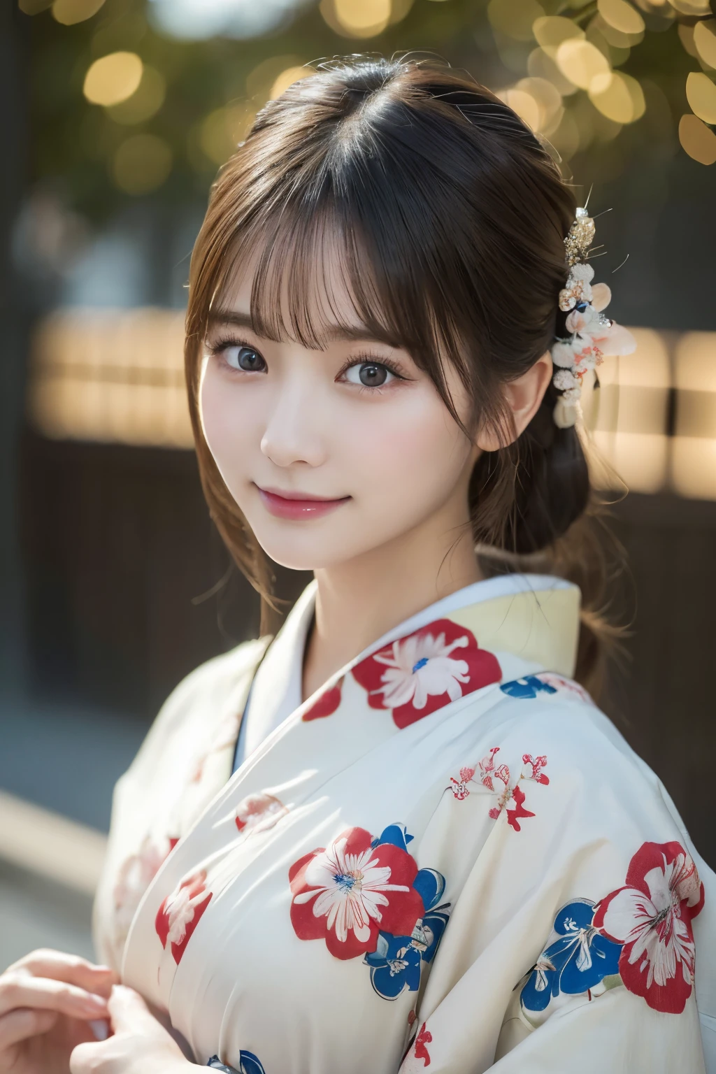 (kimono)、masterpiece、beautiful girl、Beautiful detailed eyes、highest quality, 超A high resolution, (reality: 1.2), Cinema Lighting、(Japanese Girls)、so beautiful、Beautiful Skin、(Looking at the audience)、(Surreal)、(High resolution)、(8k)、(Very detailed)、(Beautiful fine details)、(Very detailed)、 (wallpaper)、Detailed face、Bright lighting、Professional Lighting、Smile