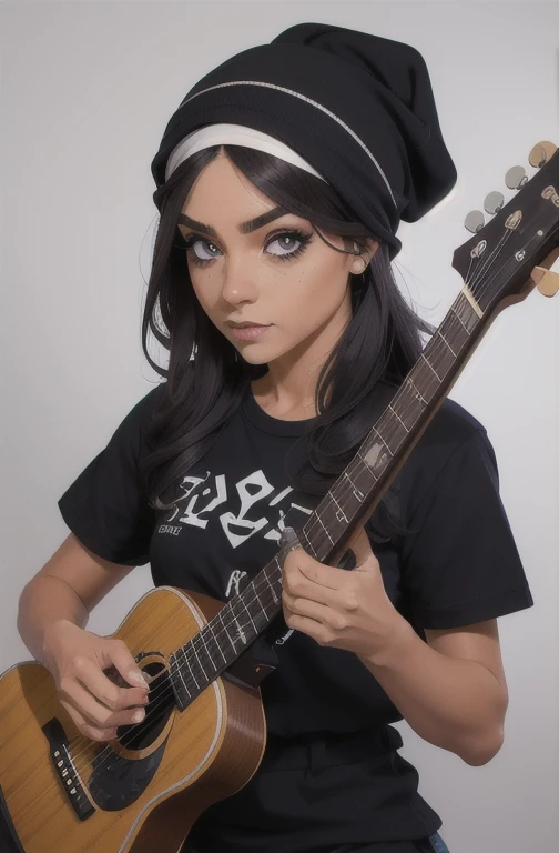 obra de arte, Melhor qualidade, Foto realista de uma garota, cabelo longo cacheado e castanho escuro, olhos castanhos claros, casaco preto, eyeliner preto nos olhos,corrente preta fina com palheta de guitarra. Garoto com gorro preto com capuz de casaco preto por cima do gorro, cabelo liso preto, olhos castanhos escuros.