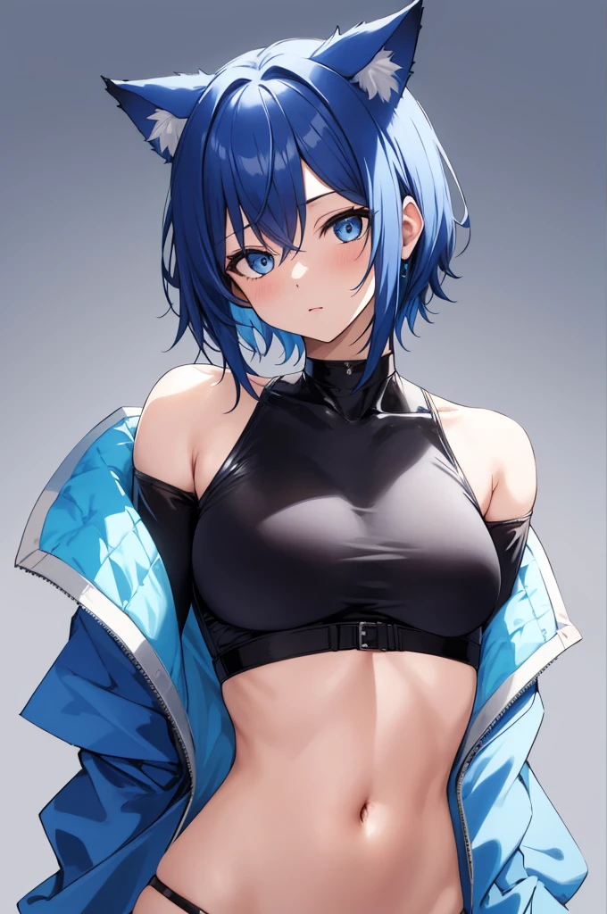 masterpiece:1.2, high quality, 最high quality, be familiar with_background,indoors,High resolution,there is nothing (solution 1988),black Jacket,Upper body,open clothes,disorganized,blue eyes,open Jacket,gradient background,looking at the viewer,play sports often,1 girl,short hair,bare shoulders,alone,animal ears,blue hair,Jacket,crop top,off shoulder,head tilt,Cat ear