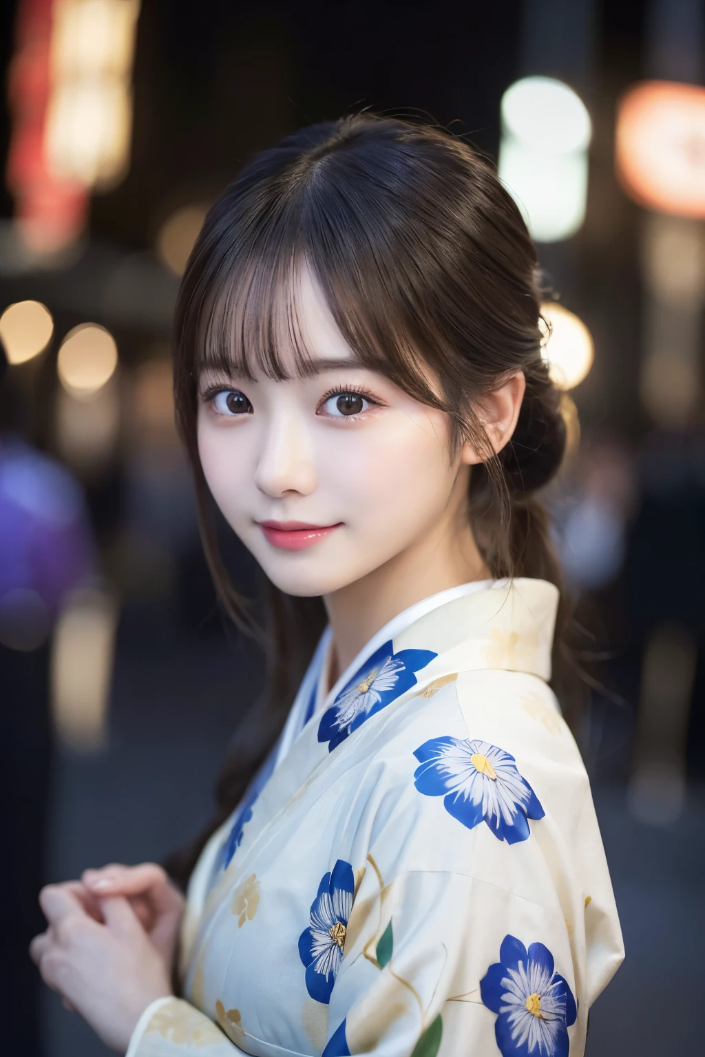 (kimono)、masterpiece、beautiful girl、Beautiful detailed eyes、highest quality, 超A high resolution, (reality: 1.2), Cinema Lighting、(Japanese Girls)、so beautiful、Beautiful Skin、(Looking at the audience)、(Surreal)、(High resolution)、(8k)、(Very detailed)、(Beautiful fine details)、(Very detailed)、 (wallpaper)、Detailed face、Bright lighting、Professional Lighting、Smile
