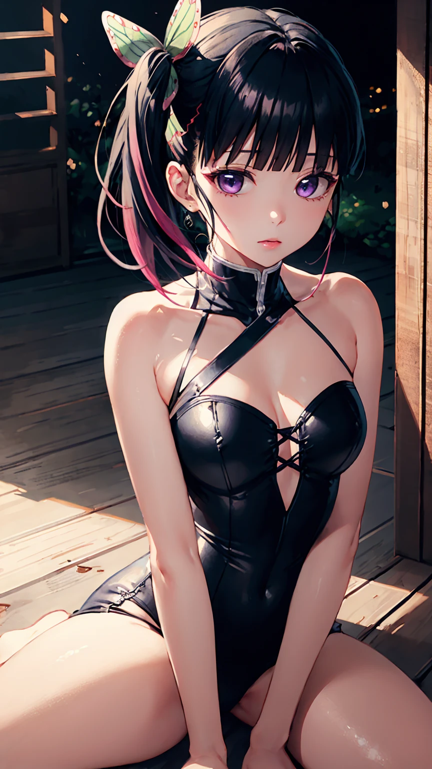 (masterpiece, 最high quality, detailed), One girl, alone, View Viewer, Kanadev, Purple eyes, Black Hair, Long Hair, blunt bangs, bangs, hair ornaments, Side Ponytail, 蝶 hair ornaments, Demon Killing Squad Clothing、Best Bust、Medium chest、Beautiful Eyes、Pink Hair, Very short hair、thin、high quality、Beautiful art、月nightの庭園、night、Exquisite design、Best lighting、最高detailed、8ｋ、frog-sit on the floor, 