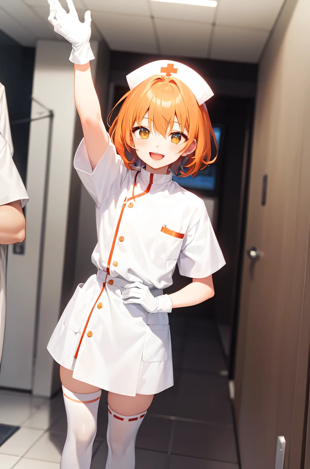 1boy, solo, male focus, nurse, white nurse cap, white nurse uniform, ((white legwear, zettai ryouiki)), white gloves, short hair, orange hair, smile, open mouth, standing, ((hospital room)), sharp outline, short sleeves, shota, 12 years old, best quality, masterpiece