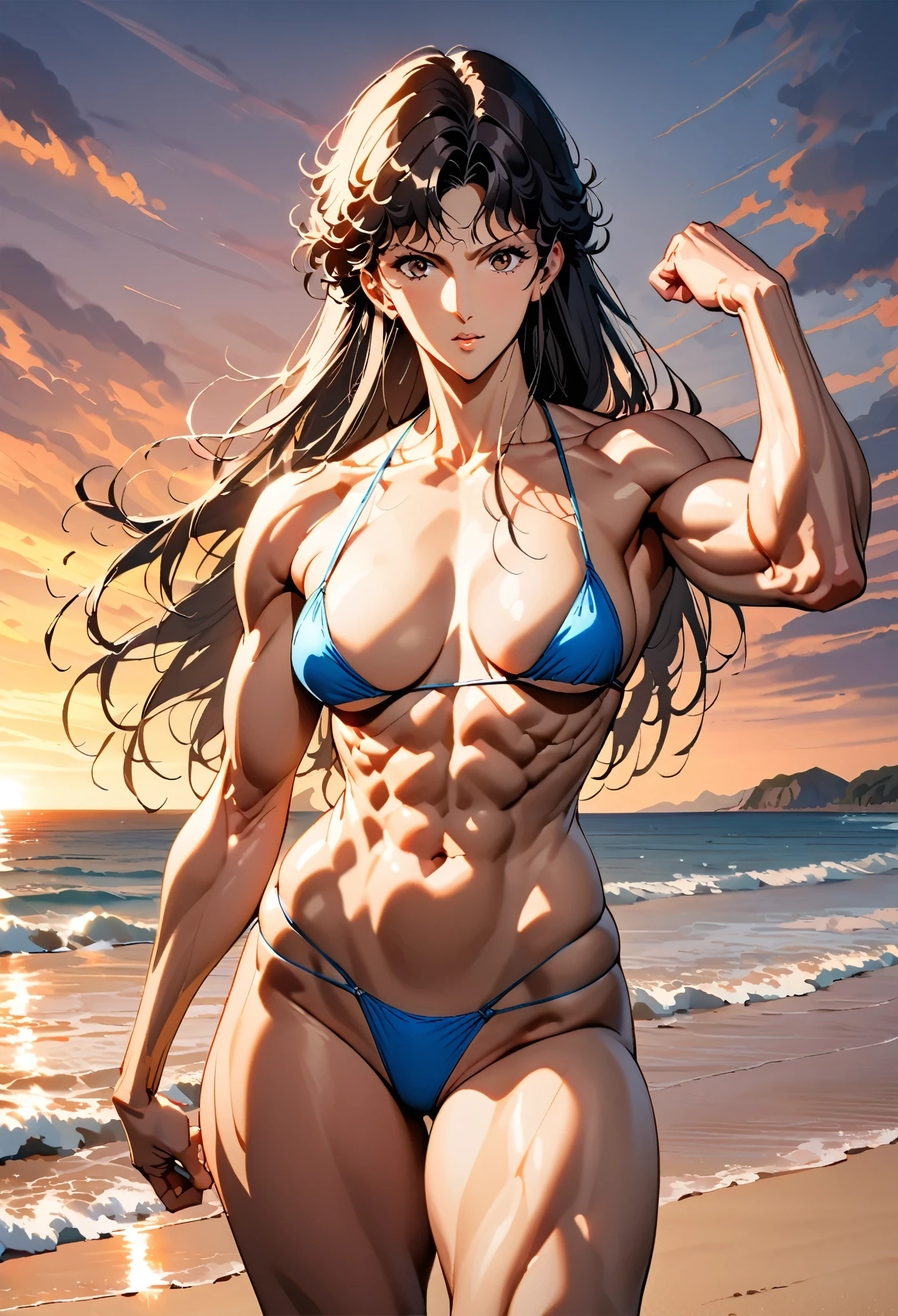 one sexy girl 26 years old, hitomi kisugi, blue thong tiny bikini with large cleavage , standing tall and dominant, self confident , serious, superb, sensual, ((fit and trained body with well defined muscles)),(( dark haired, strong)), long legged , muscular abdomen, beach, showing off her beauty and power, teasing, invincible , chiseled abdomen, slender, beautiful face, firm breasts, sunset, flexing muscles