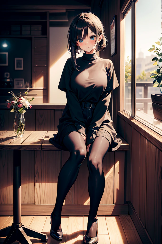 girl, shy, smiling, blushing, looking directly at the viewer, with a cute face and adorable eyes, sitting in front of viewer, sitting in a cozy cafe. The background is filled with the warm ambiance of a cafe, with soft lighting and a simple decor. The girl is leaning slightly over the table, adding an intimate feel to the scene. The overall image quality is of the highest standard, with a resolution of 8k and flawless attention to detail. The colors are vibrant and vivid, enhancing the overall aesthetic of the artwork. The lighting is carefully crafted to highlight the girl's features and create a visually pleasing atmosphere.