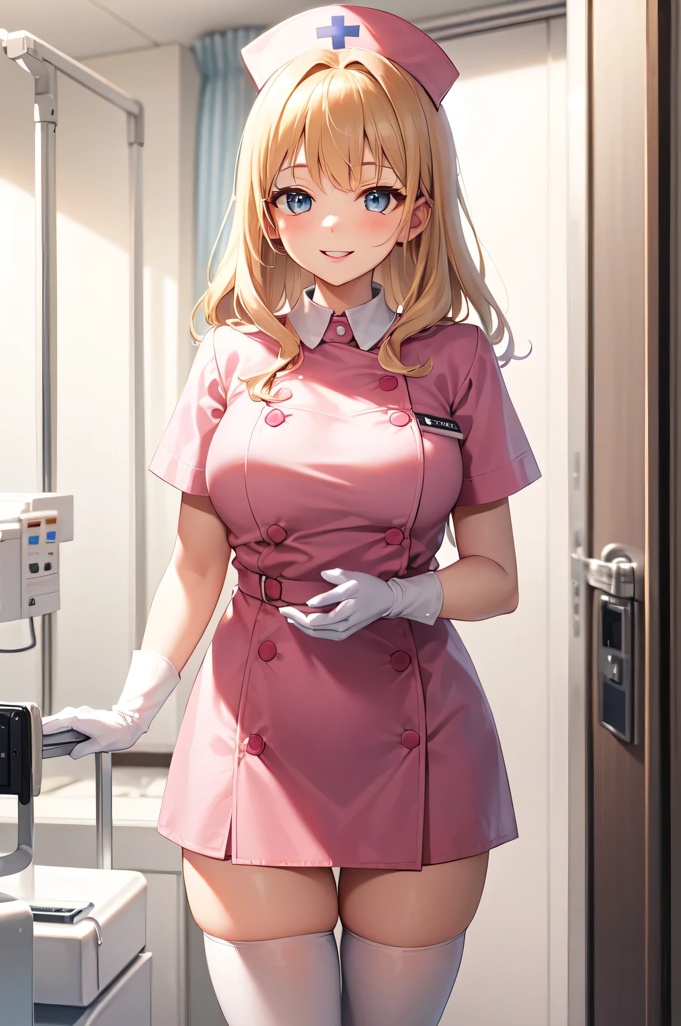 1woman, solo, nurse, white nurse cap, white nurse uniform, ((white legwear, zettai ryouiki)), white gloves, blonde hair, blue eyes, pink lips, smile, standing, ((hospital room)), sharp outline, short sleeves, mature female, 35 years old, best quality, masterpiece