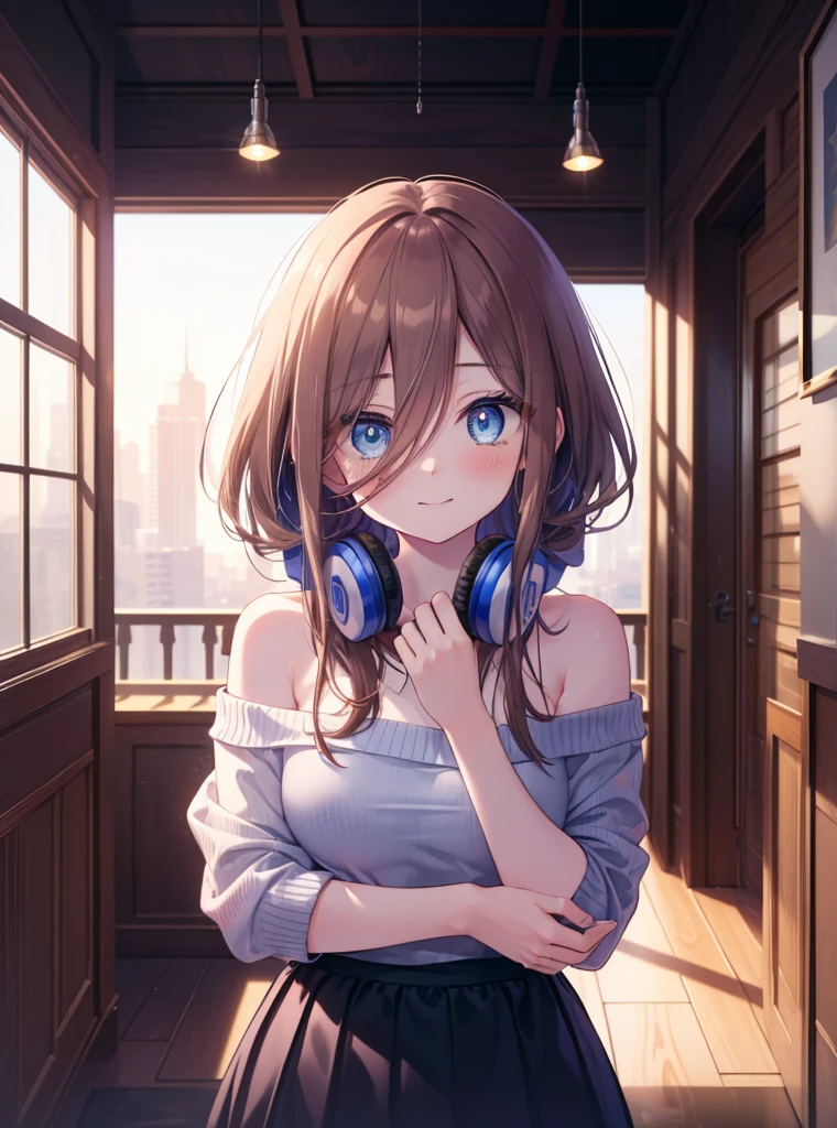 Miku Nakano, Miku Nakano chicke iii, long hair, bangs, blue eyes, brown hair, hair between eyes, headphones 1:2 around neck,smile,blush,happy atmosphere,off shoulder sweater,naked neck,bare clavicle,bare shoulders,long skirt,morning,Morning Day,the sun is rising,greeting,
break indoors, apartment entrance,
break looking at viewer, (cowboy shot:1.5), (Upper body:1.5),
break (masterpiece:1.2), highest quality, High resolution, unity 8k wallpaper, (figure:0.8), (detailed and beautiful eyes:1.6), highly detailed face, perfect lighting, Very detailed CG, (perfect hands, perfect anatomy),