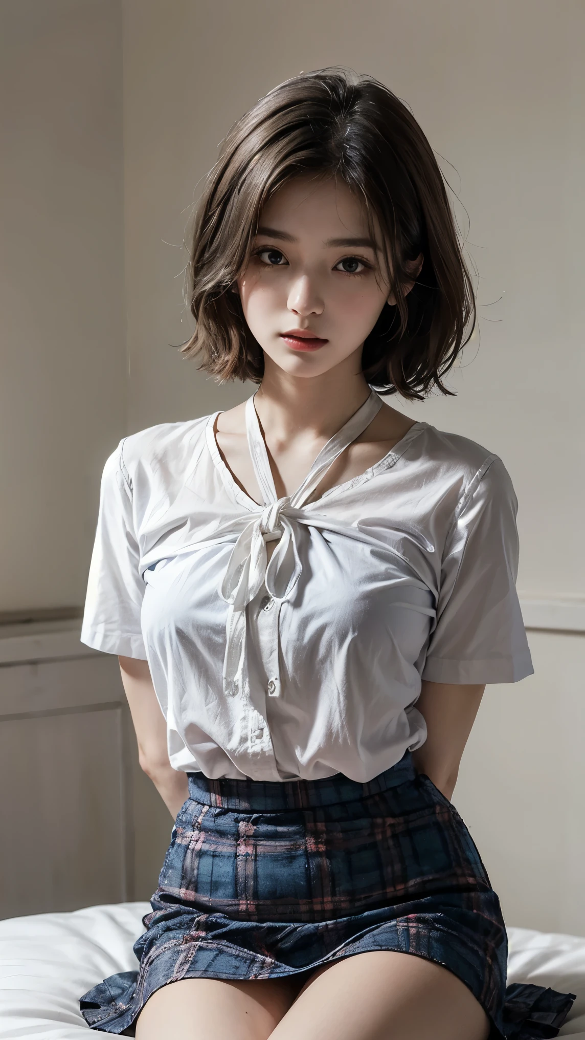 8k, Raw photo, highest quality, masterpiece:1.2), masterpiece, highest quality, figure, Very detailed, Fine details, High resolution, 8k,wallpaper, Perfect dynamic composition,(Detailed high quality, Realistic depiction of eyes:1.3)、A woman who has been and has her hands tied、Arms wrapped around his back, hands tie behind back, gagged in the mouth、Inside a beautiful hotel room at night、Sitting on the bed、Outside the window is a night view、 With legs wide open、White panties are visible、Tartan plaid pleated skirt、whole body、The whole thing faces forward、21talent、Beauty、Well-formed face、Make your eyes even、Beautiful black hair、Has bangedium build、Well-balanced proportions、Beautiful legs、Blue Short Sleeve Blouse、Fresh face、Beautiful scenery、