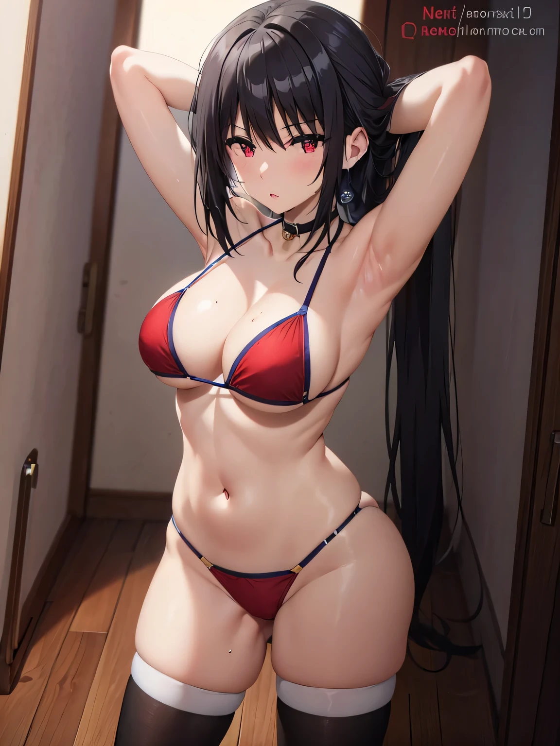 black hair,red eyes,((bikini))