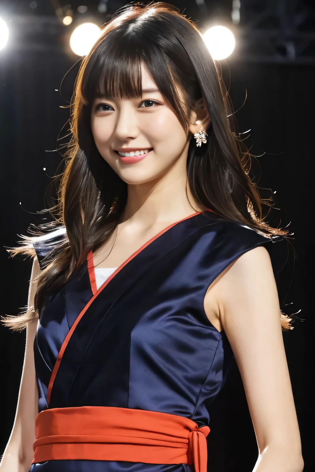 1 girl, (Wearing Japanese-style and contemporary design costumes:1.2), Very beautiful Japanese idol portraits, 
(RAW Photos, highest quality), (Realistic, Realistic:1.4), (masterpiece), 
Very delicate and beautiful, Very detailed, 2k wallpaper, wonderful, finely, Very detailed CG Unity 8K wallpaper, Very detailed, High resolution, Soft Light, 
Beautiful detailed girl, Very detailed目と顔, Beautiful and sophisticated nose, Finely beautiful eyes, Cinema Lighting, 
(Participating in a fashion show:1.3),
(Medium Hair), 
Complete Anatomy, Slender body, Small breasts, smile