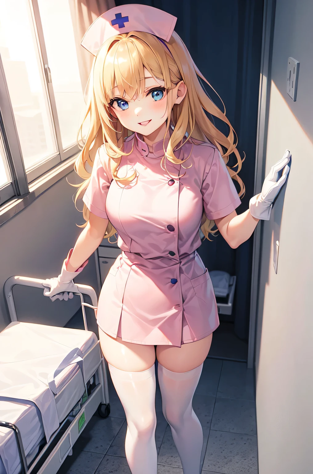 1woman, solo, nurse, white nurse cap, white nurse uniform, ((white legwear, zettai ryouiki)), white gloves, blonde hair, blue eyes, pink lips, smile, standing, ((hospital room)), sharp outline, short sleeves, mature female, 35 years old, best quality, masterpiece