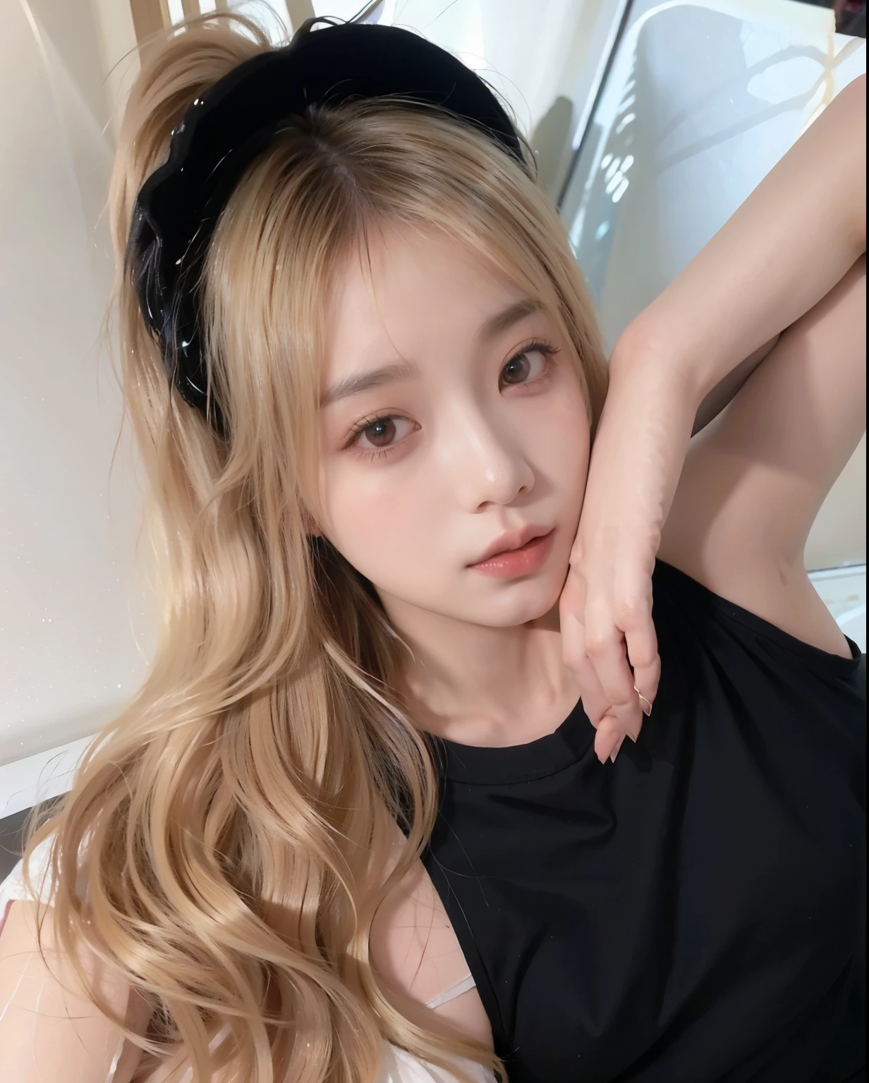Mulher loira com cabelo comprido e um top preto posando para uma foto, parque roseanne de blackpink, linda mulher sul-coreana, coreana, asian features, linda jovem coreana, beautiful asian girl, blackpink's roseanne Korean facial features, penteado com corte hime branco, linda jovem coreana, young lovely korean face, young pale and beautiful asian face