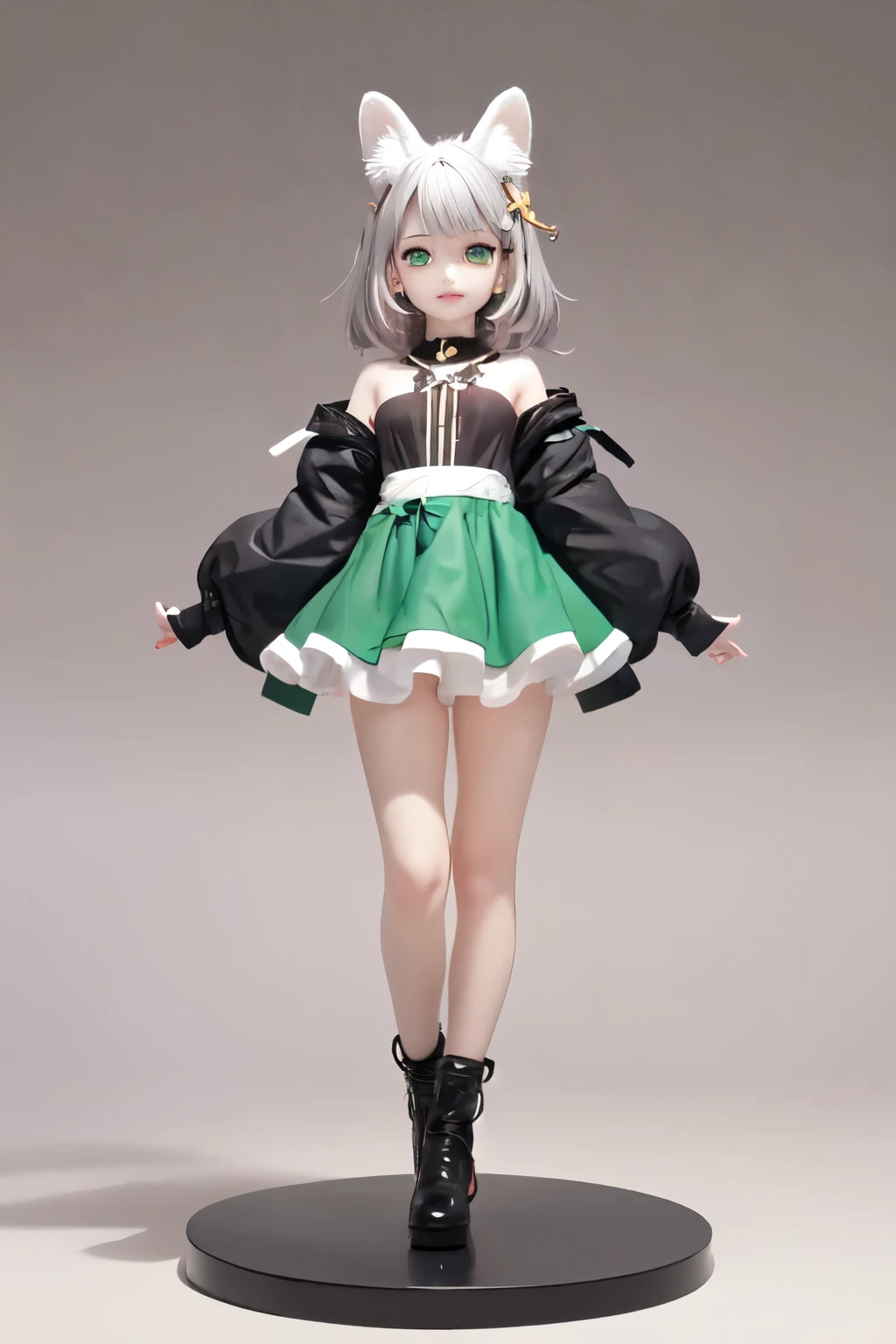 ((best quality)), ((masterpiece)), (detailed), Perfect face，Green eyes，Silver earrings，C4D，blender，Magic background，Fox ears，dagger，leaf，totem，Tiger Teeth，Don't shine，Gradient hair color，Full body portrait，skirt，