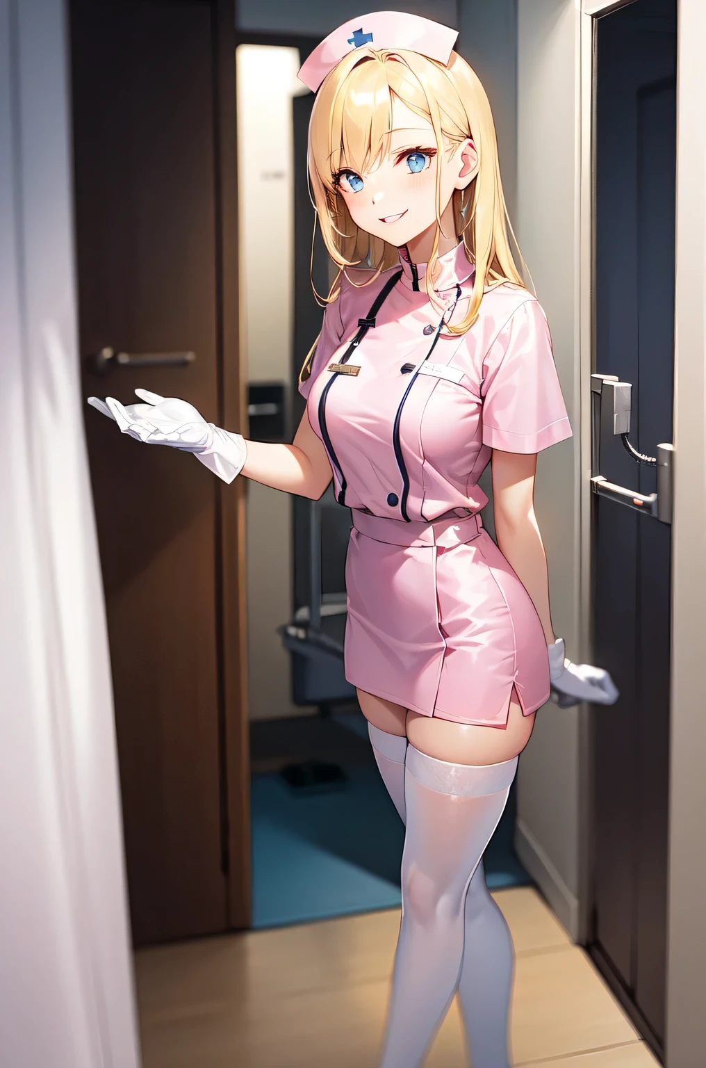 1woman, solo, nurse, white nurse cap, white nurse uniform, ((white legwear, zettai ryouiki)), white gloves, blonde hair, blue eyes, pink lips, smile, standing, ((hospital room)), sharp outline, short sleeves, mature female, 35 years old, best quality, masterpiece