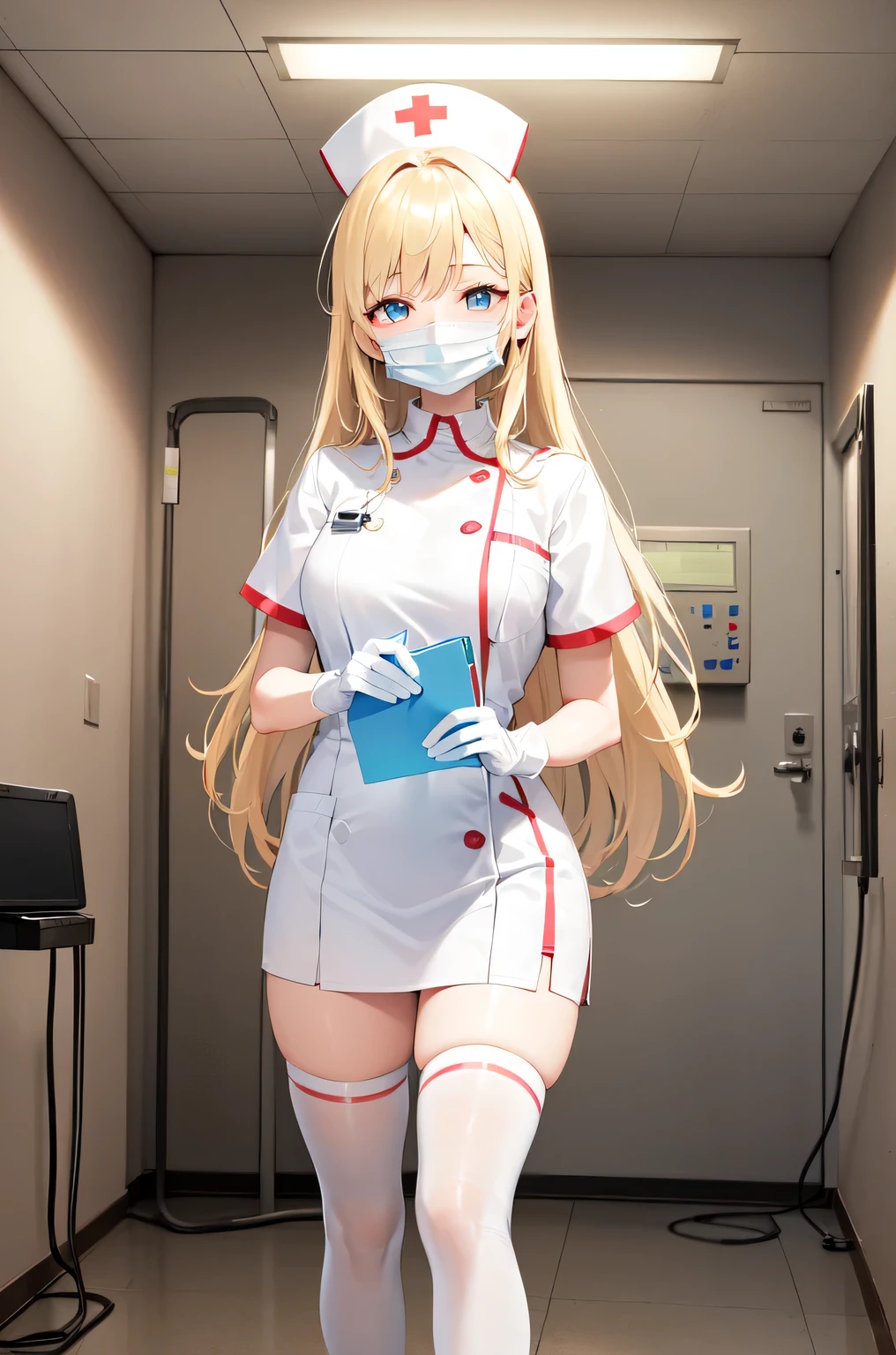 1woman, solo, nurse, white nurse cap, white nurse uniform, ((white legwear, zettai ryouiki)), white gloves, blonde hair, blue eyes, ((white surgical mask, covered nose)), standing, ((hospital room)), sharp outline, short sleeves, mature female, 35 years old, best quality, masterpiece