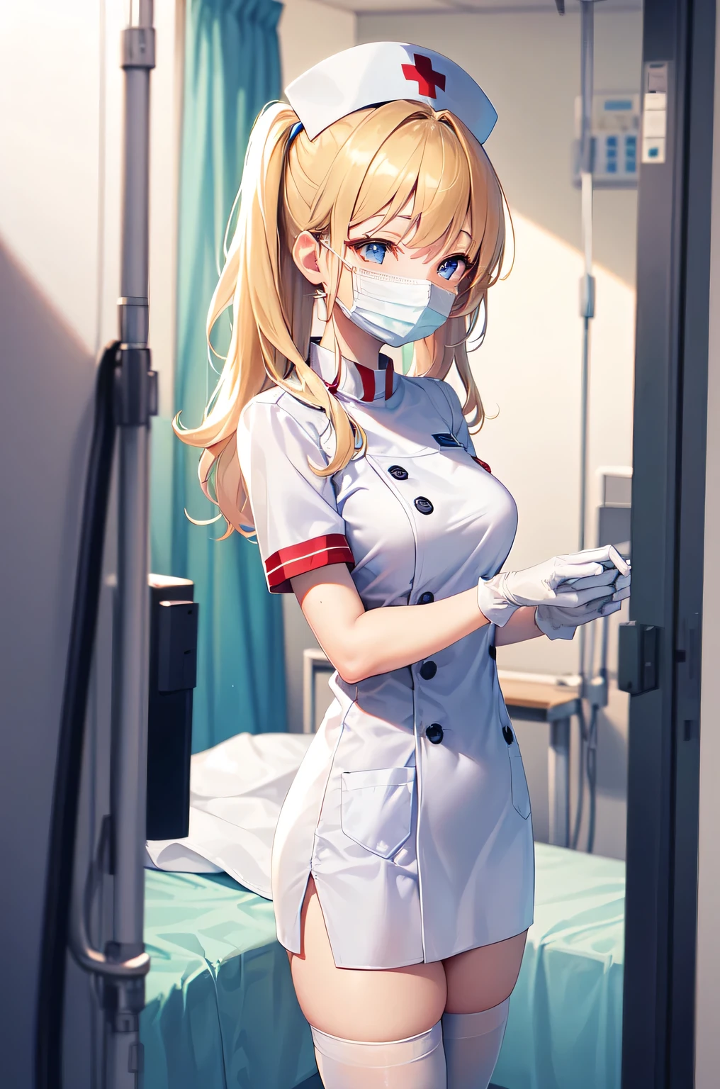 1woman, solo, nurse, white nurse cap, white nurse uniform, ((white legwear, zettai ryouiki)), white gloves, blonde hair, blue eyes, ((white surgical mask, covered nose)), standing, ((hospital room)), sharp outline, short sleeves, mature female, 35 years old, best quality, masterpiece