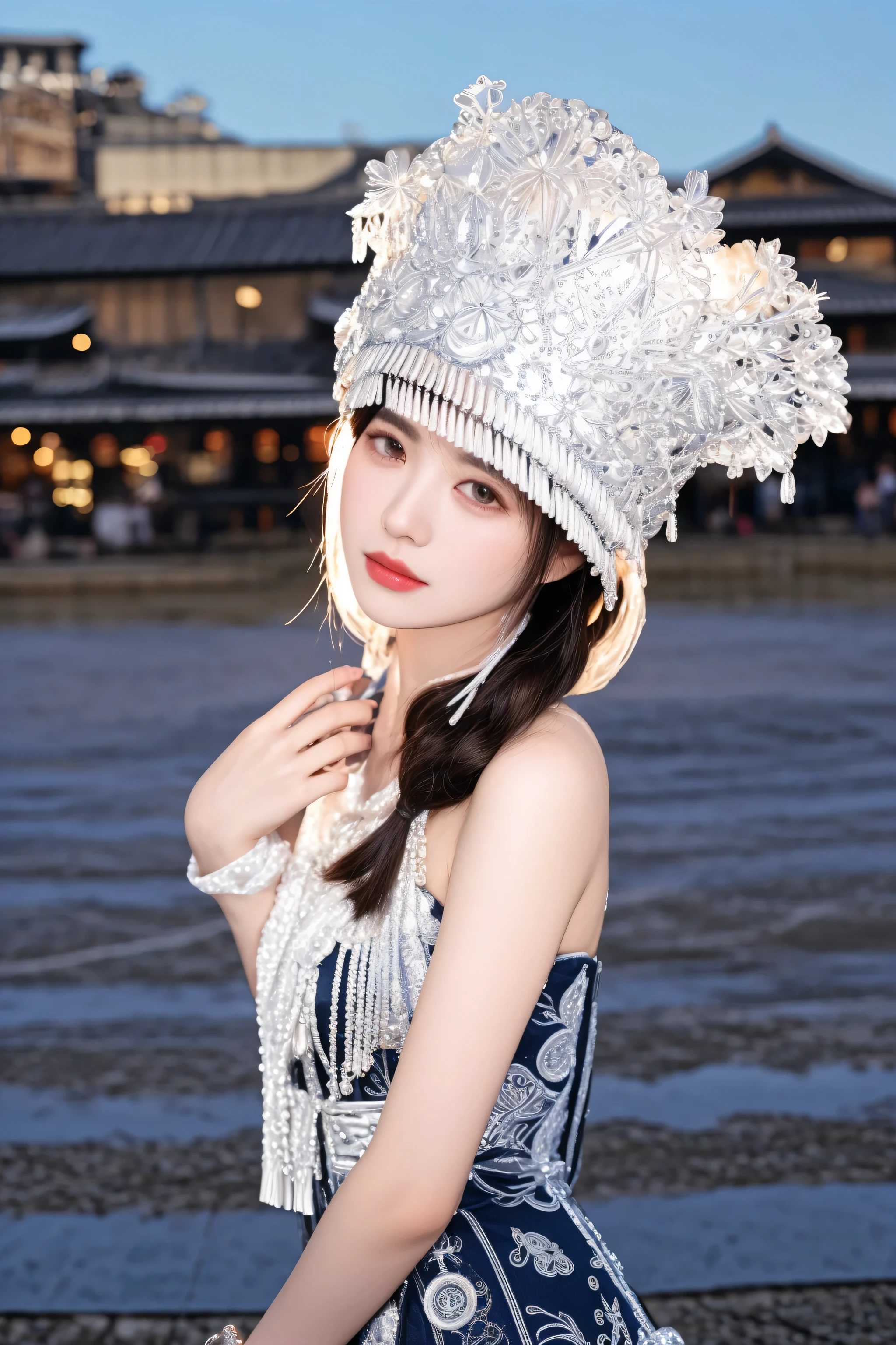 araffe woman in a silver hat and dress posing for a photo, Complex chrome cap, jellyfish headdress, porter une tenue ornée, coiffe traditionnelle en bronze de Tai, photo prise avec Nikon D 7 5 0, photo prise avec un nikon d750, prise avec un Pentax K1000, inspiré par Jin Nong, une belle impératrice fantastique