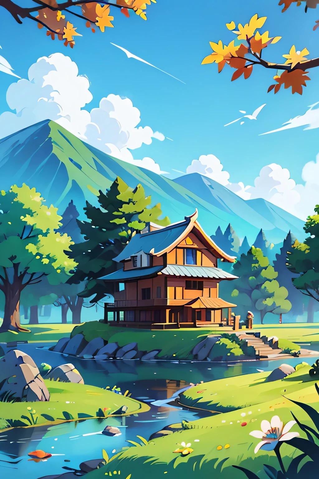 Draw a cartoon，Background contains blue sky、White Cloud、Trees、Grass、sun、Mountain、Stone、Creek、Fall、Small Flower、Birdie、Ancient Chinese Building