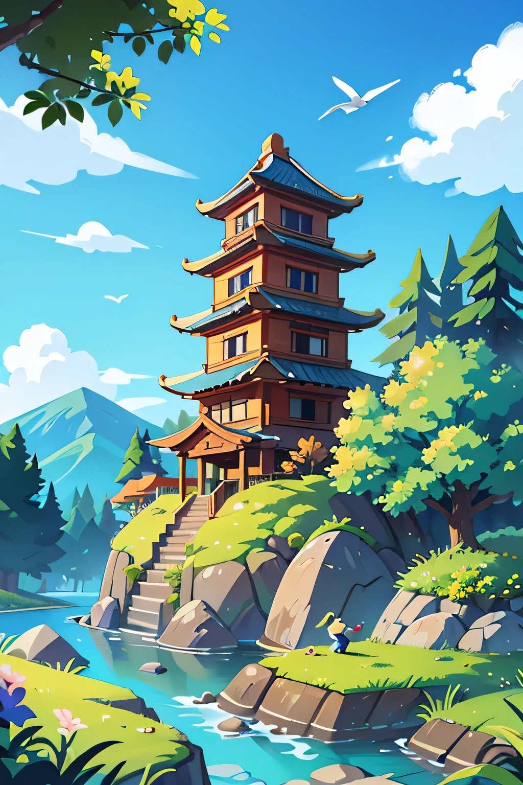 Draw a cartoon,Background contains blue sky、White Cloud、Trees、Grass、sun、Mountain、Stone、Creek、Fall、Small Flower、Birdie、Ancient Chinese Building