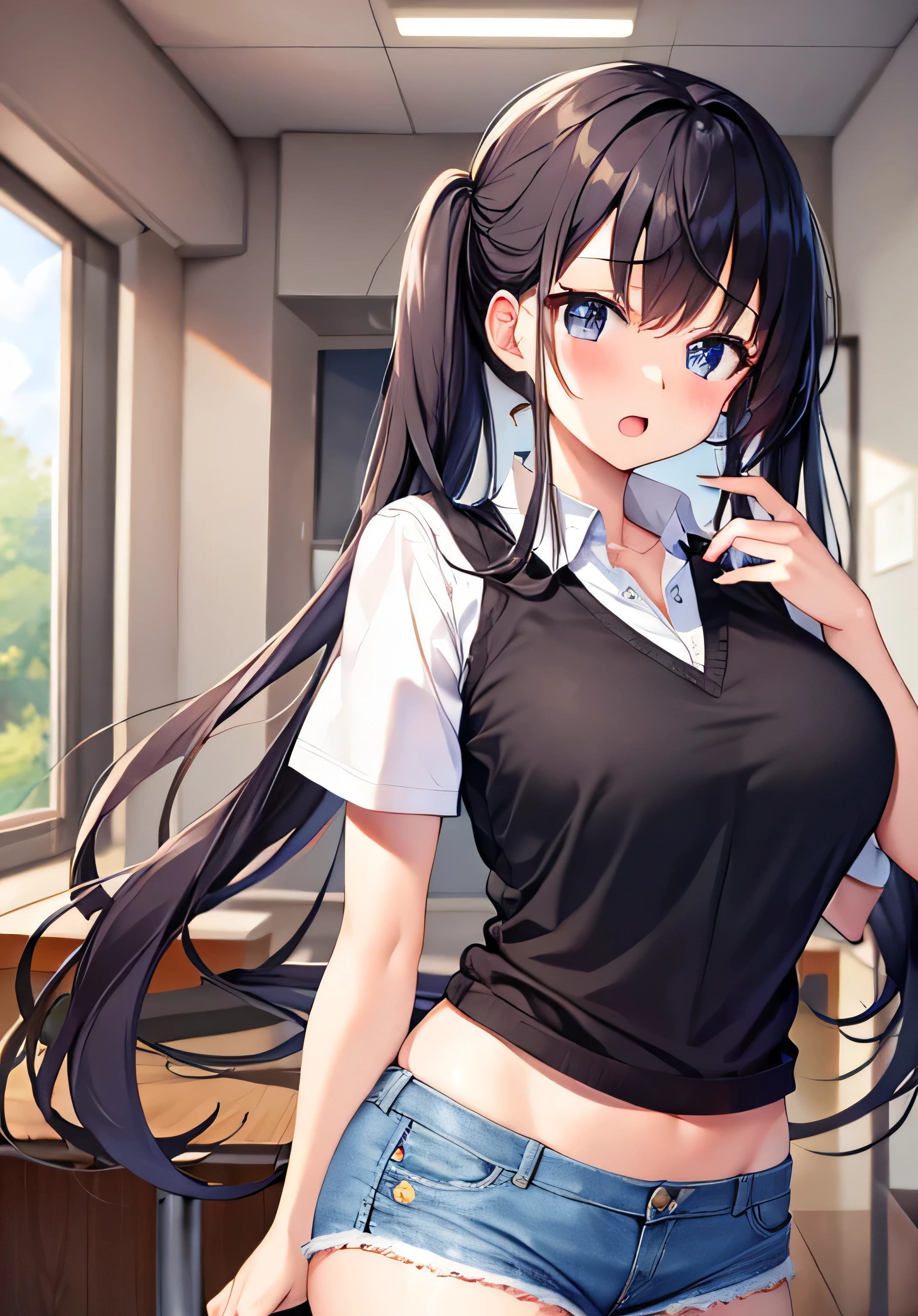 masterpiece、Highest quality、Ultra-high resolution、 girl with big breasts、twin tail hairstyle、black hair、Red face、shyly、open your mouth just a little、white polo shirt、Denim shorts、inside the lecture hall、University