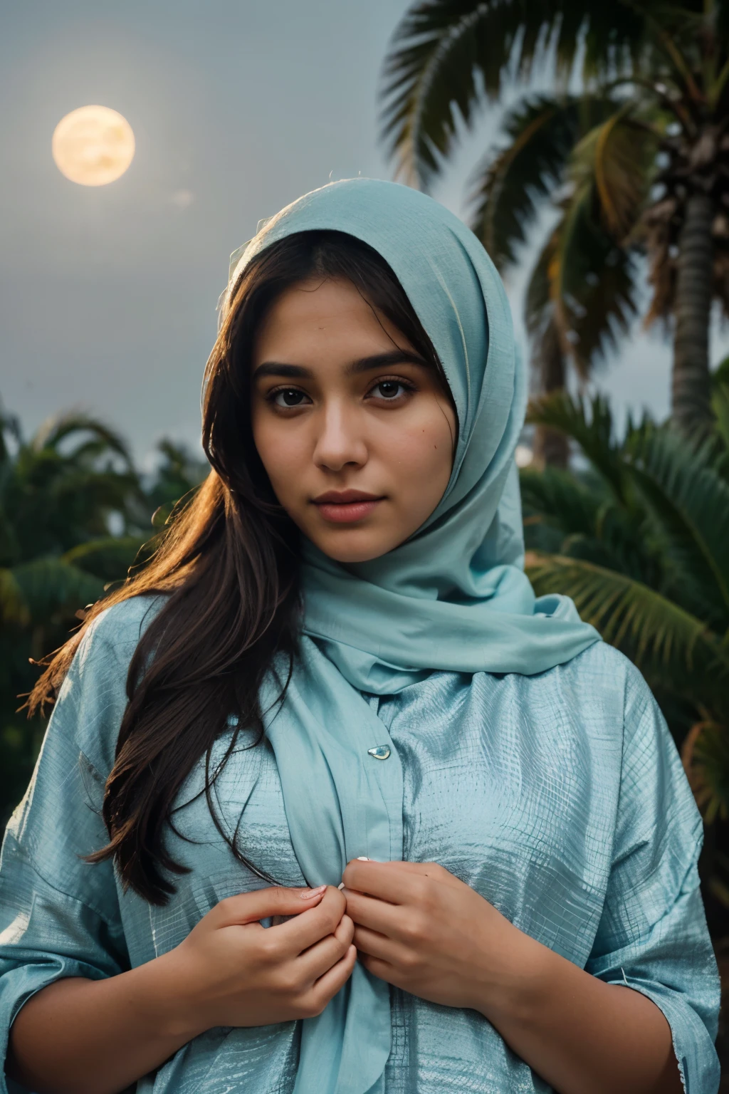 A muslim woman in her twenties, with long brown hair and expressive brown eyes, gently cradles a full moon in the palms of her hands against the backdrop of a tranquil night sky. Her traditional hijab, a torn piece of pastel blue fabric, flows softly in the gentle breeze. Her delicate features are illuminated by the soft cinematic light, creating an intricately detailed, photorealistic masterpiece. The moon, textured with RAW details, casts a gentle glow upon her face, highlighting her beautiful, detailed features and creating a breathtaking 8k high-quality image. The scene is rendered in amazingly realistic detail with depth of field and dim