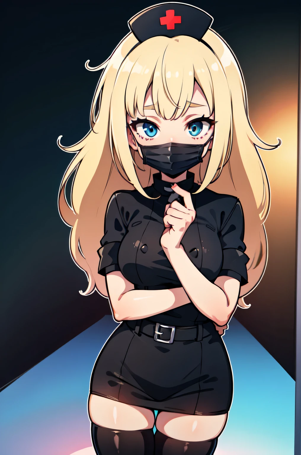 black nurse, 1woman, solo, black nurse cap, black nurse uniform, ((black legwear, zettai ryouiki)), black elbow gloves, blonde hair, blue eyes, ((black surgical mask, covered nose)), standing, ((surgery room)), sharp outline, short sleeves, mature female, 35 years old, best quality, masterpiece