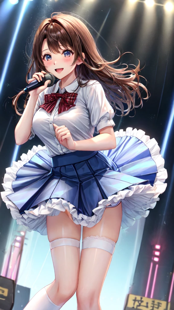 highest quality、All limbs、full finger、Slender beauty、brown hair、Dereste、、knee socks、beautiful big breasts、live stage、sing、holding a microphone, dancing、big smile、(white horizontal lace panties:1.1), (skirt lift:0.97), (shirt lift:0.96), show off panties、(show off bra:0.94), embarrassed expression、 (The wind is blowing up my skirt:1.3), dynamic angle、Naughty Wind、(erect nipples:1)
Completely naked
