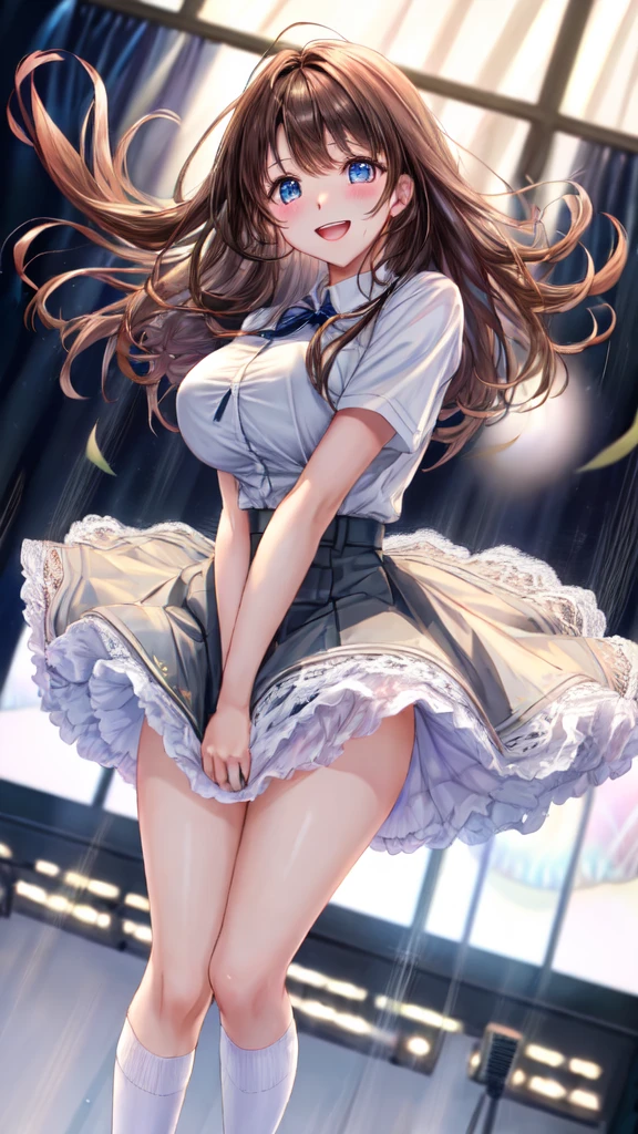 ((table top, highest quality, High resolution, perfect pixel,  4K))), 1 girl, single, alone, beautiful woman、I could see the whole body、 ((middle wavy hair, bangs, brown hair)), ((brown eyes, beautiful eyelashes, realistic eyes)), ((detailed face, blush:1.2)), ((smooth texture:0.75, realistic texture:0.65, realistic:1.1, Anime CG style)), medium breasts, dynamic angle, perfect body, ((topless, nipple, black skirt, plaid skirt)), City staircase、Angle looking up from the bottom of the stairs、Very embarrassing panic smile, looked back、leaning forward、((The wind flipped my skirt and exposed my butt.、Touching the buttocks with both hands、Light Pink Lace Panties))