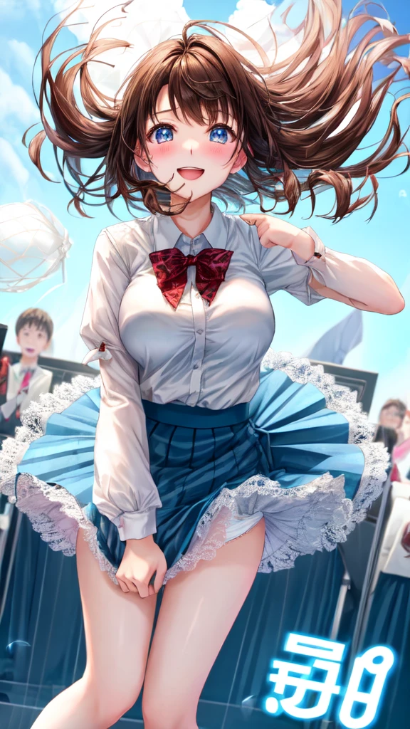 highest quality、All limbs、full finger、Slender beauty、brown hair、Dereste、、knee socks、beautiful big breasts、live stage、sing、holding a microphone, dancing、big smile、(white horizontal lace panties:1.1), (skirt lift:0.97), (shirt lift:0.96), show off panties、(show off bra:0.94), embarrassed expression、 (The wind is blowing up my skirt:1.3), dynamic angle、Naughty Wind、(erect nipples:1)
Completely naked
