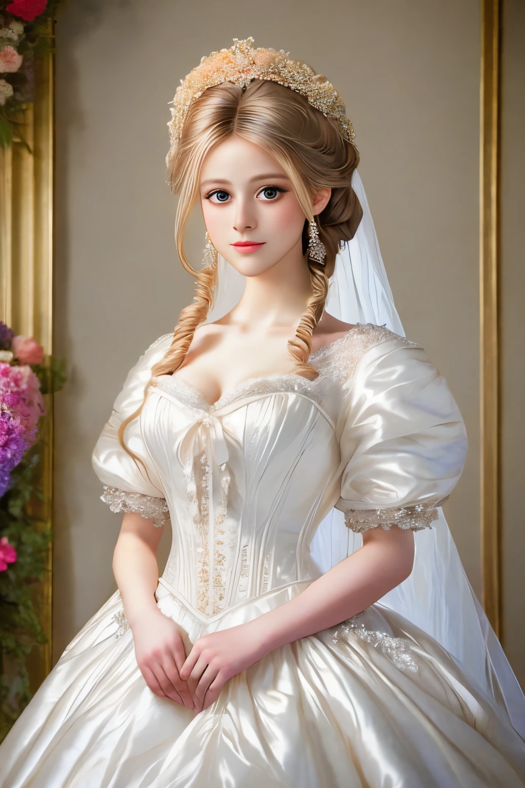 bride in a white dress holding a bouquet of flowers in a room, a photorealistic painting inspired by Franz Xaver Winterhalter, tumblr, rococo, puff sleeves, beautiful and elegant, beautiful detailed elegant, romantic gown, ribbons and flowers, exquisite and beautiful, dressed beautiful gown, very beautiful and elegant, voluminous sleeves, in romantic style, with flowers
