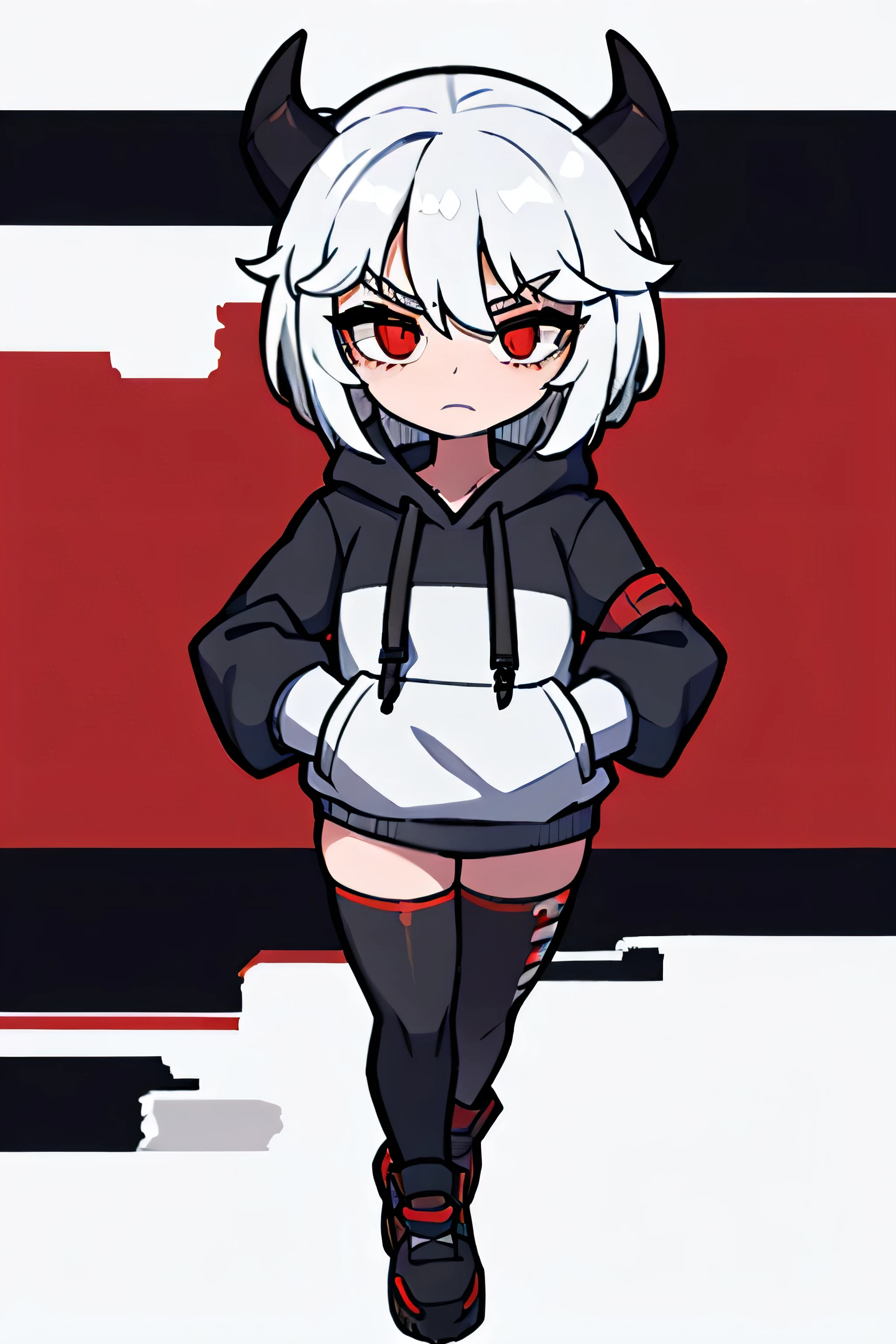 one girl,white hair,black horns,short stature ,red eyes,short hair,bushy brows,hoodie,tired eyes,fullbody,thigh highs,white background,hands in hoodie,sleep deprived,eye dark circles,straight posture 
