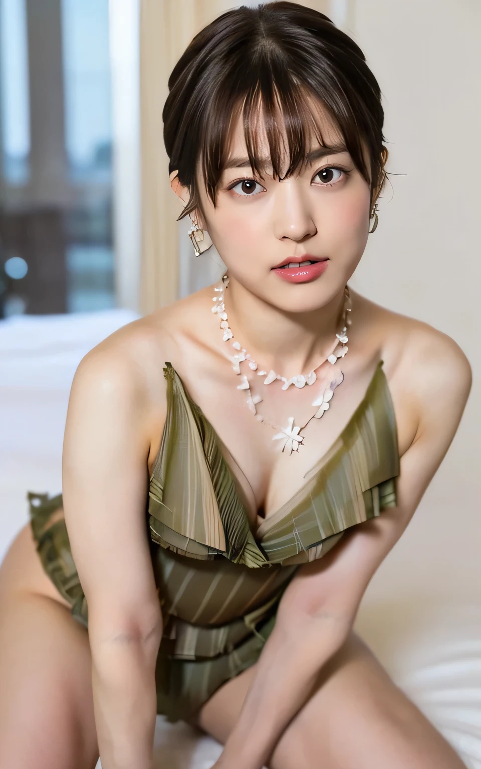 (Elegant floral swimsuit, No bra, The shape of the nipples is visible, Spread your legs a little:1.5),
((Age 25, Elegant beautiful female announcer, Sexy body, Naughty older sister, She flashes her breasts at me and tempts me:1.4)),
((She looks like she wants to be kissed.:1.2)),
((I love you?, I want to kiss you?, I want to fuck you?, cheat with me?:1.2)),
((Where are you touching? You're so naughty.!,Your dick is getting hard,You were thinking about something naughty:1.2)),
((Come closer to me, kiss my chest, If you touch me that much I'll feel it:1.2)),
((Hotel Bedroom, Complete darkness, The night view is visible in the distance:1.2)),
((Just me and my girlfriend, Making love while lying on your back in bed, I kiss her, It feels so good to be kissed by her plump lips, Touching her breasts over her swimsuit, She gets so comfortable she gets totally naked, Her are incredible, I gently lick her nipples, I inserted my hard cock between her legs., Her moans get louder、I feel ecstasy, I also feel good、The pace of her hips gradually increases, Her face is cute when she feels it :1.3)),
Eye focus, Narrow shoulders, Beautiful clavicle, Long, slender legs, The back of the hand is beautiful and feminine,
Slender figure, A soft belly, Thin waist,
Ultra detailed face, Ultra detailed breasts, Ultra-detailed skin, Fair skin, Glossy Skin,
Slim face contour, Beautiful small face, Beautiful straight nose,
Ultra-detailed eyes, Slit eyes, Brown eyes, double eyelid, Beautiful thin eyebrows, Thin, long eyelashes,
Ultra-detailed lips, Fuller lips, Glossy pink lips, Flushed Cheeks, White teeth,
Beautiful actress's languid make-up, Pink lipstick,
Dark Brown Hair, Delicate soft hair,
(Put your hair up, Medium Short Hair, Layered:1.2), (Blunt bangs:1.2),
(Stylish looking earrings,necklace:1.2),