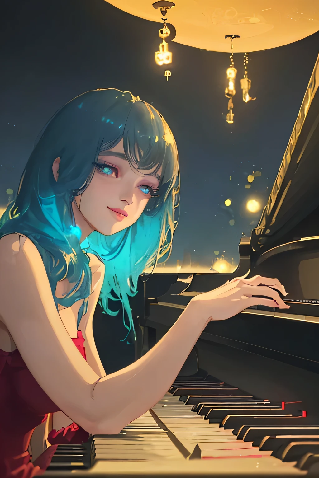 a LoFi girl playing piano at night, smiling, intricate details, beautiful detailed eyes, beautiful detailed lips, extremely detailed face, long eyelashes, beautiful young woman, playing jazz music, relaxed expression, warm lighting, cinematic, photorealistic, 8k, best quality, masterpiece, ultra-detailed